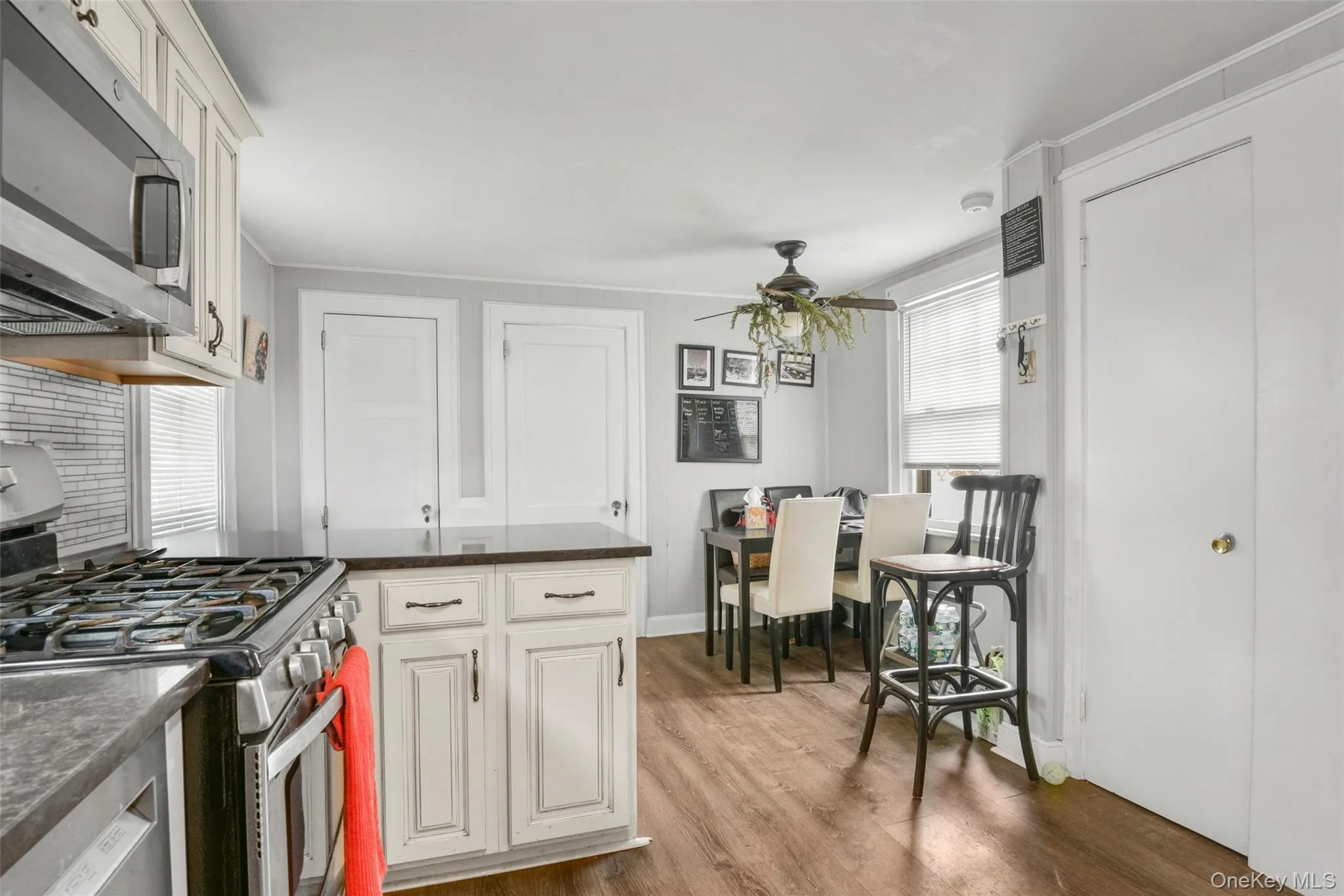 Kitchen with appliances with stainless steel finishes, white cabinets, dark wood-style flooring, a peninsula, and plenty of natural light Kitchen with appliances with stainless steel finishes, white cabinets, dark wood-style flooring, a peninsula, and plenty of natural light