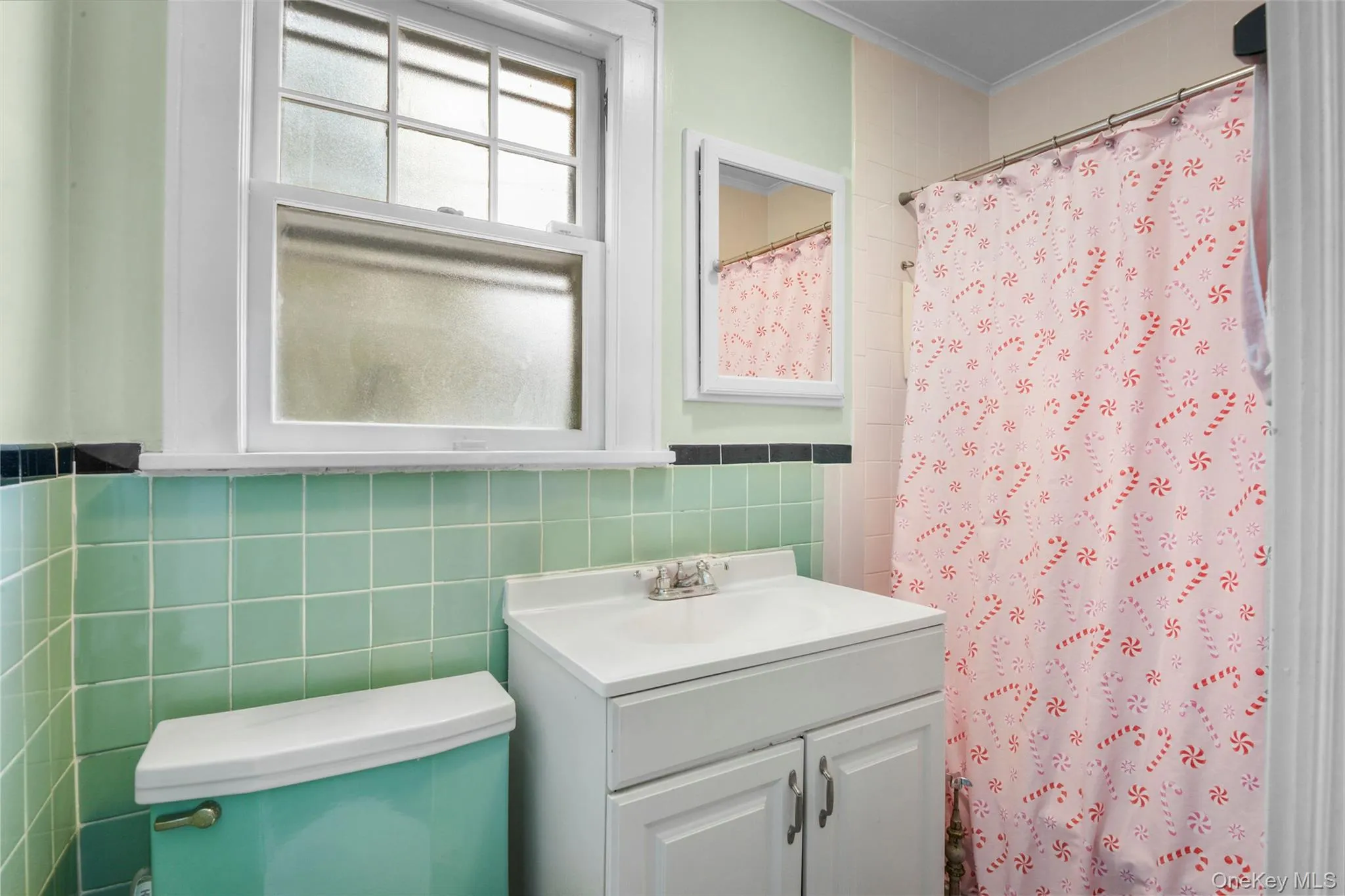 Full bath featuring curtained shower, vanity, tile walls, crown molding, and wainscoting Full bath featuring curtained shower, vanity, tile walls, crown molding, and wainscoting