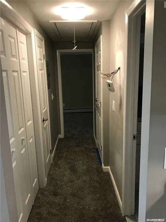 Hallway featuring attic access, carpet, new doors and baseboard heating Hallway featuring attic access, carpet, new doors and baseboard heating