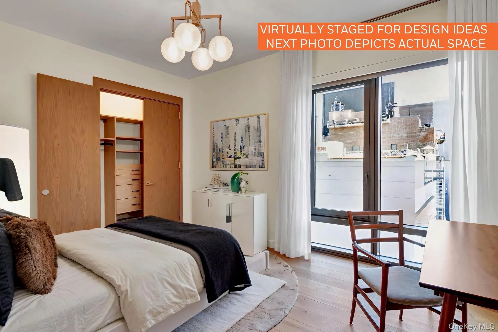 Virtually staged. Bedroom featuring hardwood / wood-style floors, a chandelier, a closet, and baseboard heating. Virtually staged. Bedroom featuring hardwood / wood-style floors, a chandelier, a closet, and baseboard heating.