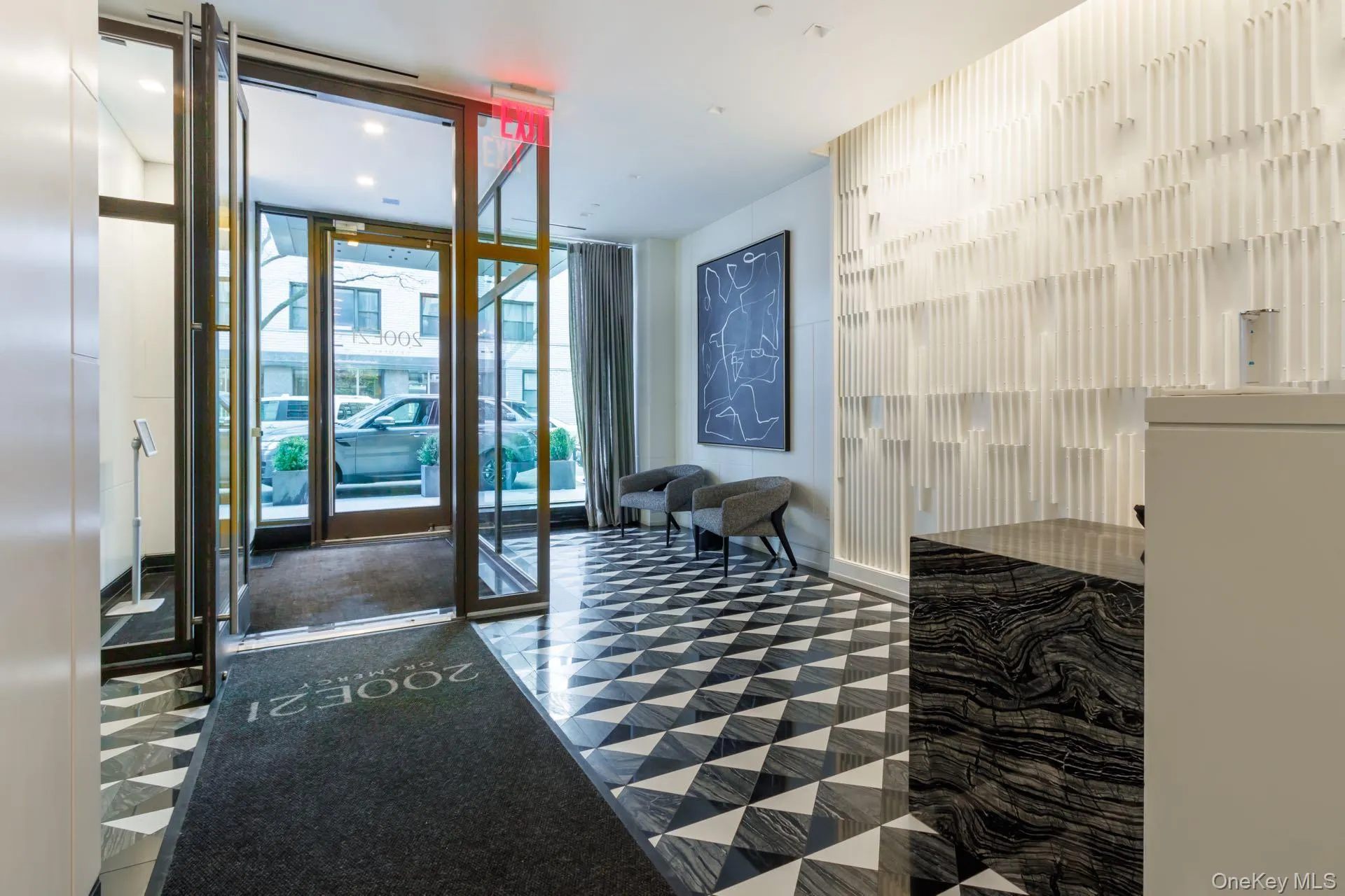 Lobby with a wall of windows Lobby with a wall of windows