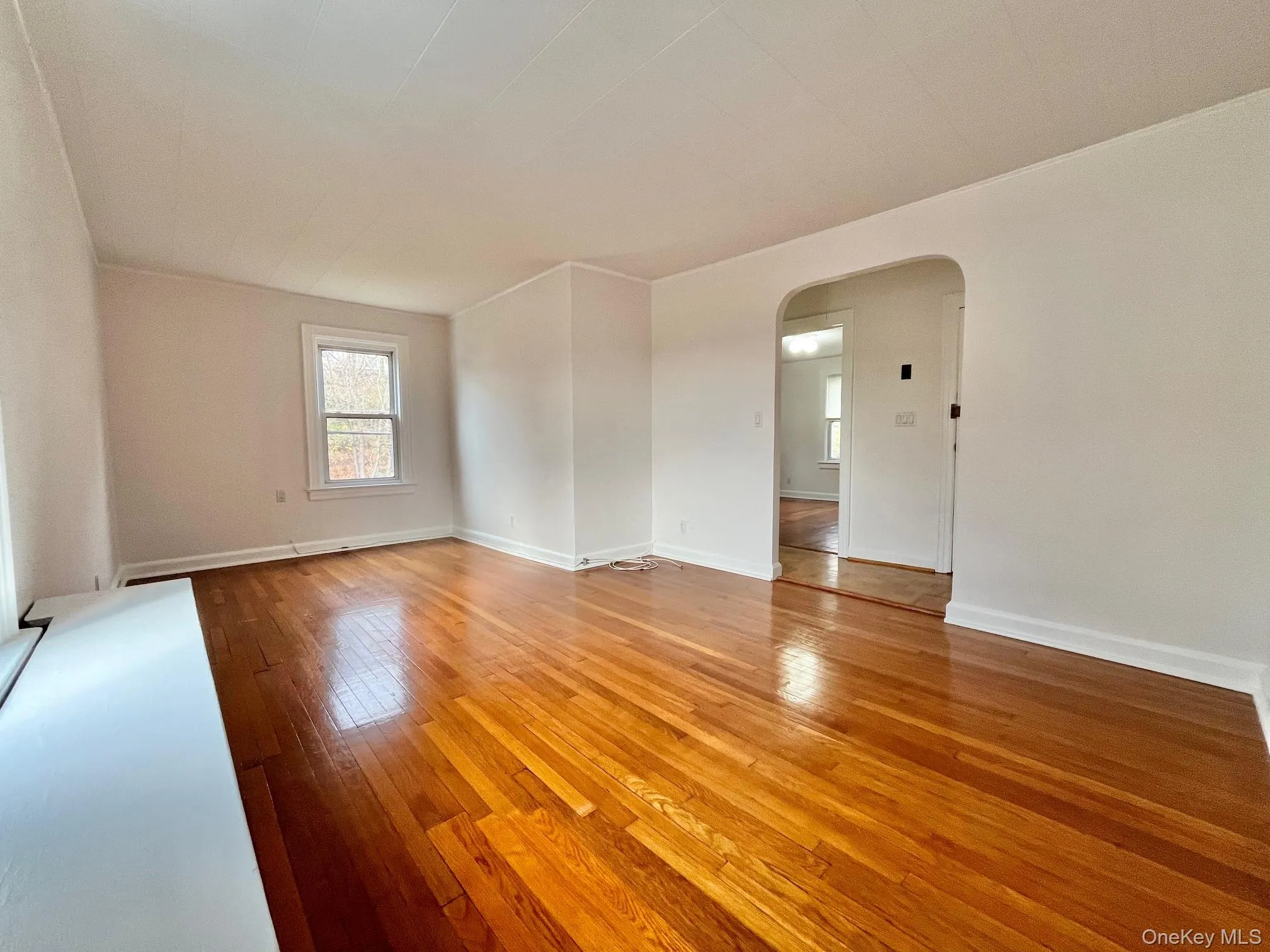 Empty room with arched walkways and light wood-style flooring Empty room with arched walkways and light wood-style flooring