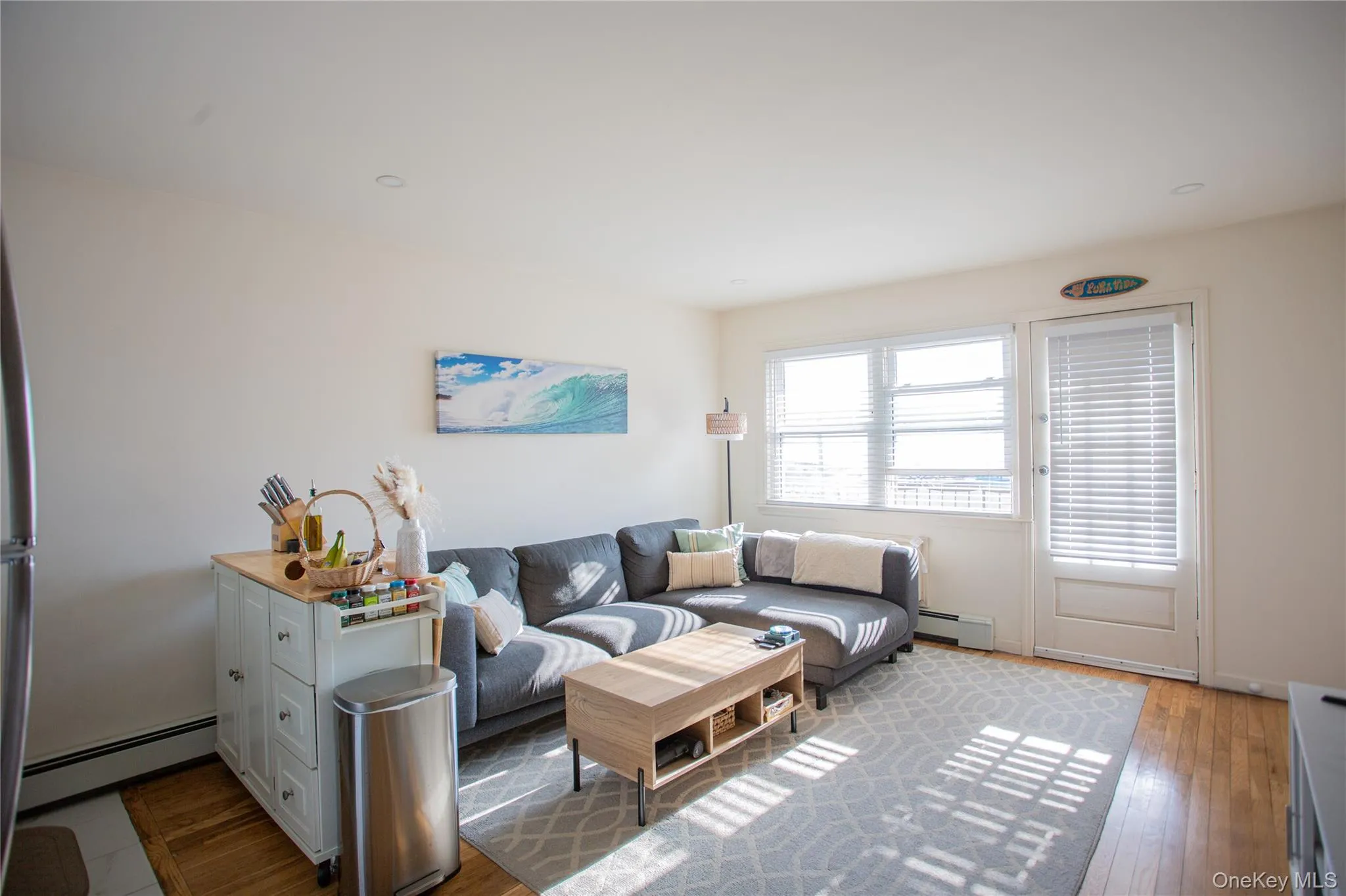 Living area with a baseboard radiator and hardwood / wood-style flooring Living area with a baseboard radiator and hardwood / wood-style flooring