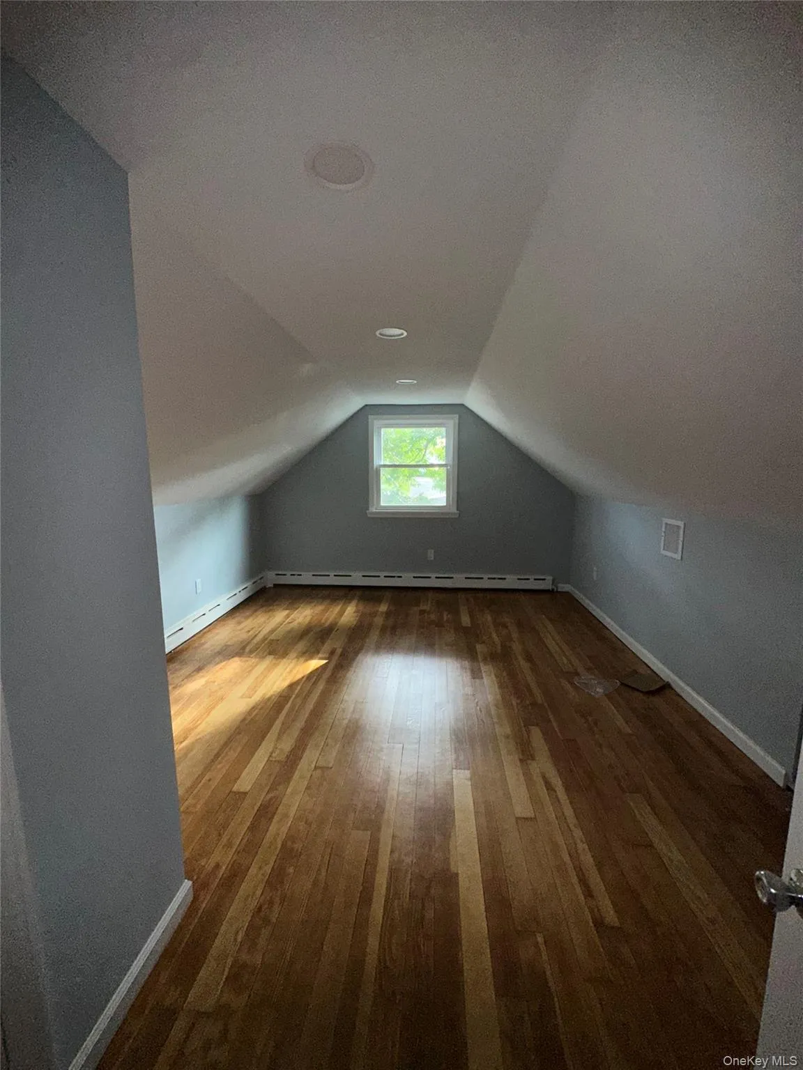 Additional living space with lofted ceiling, dark wood finished floors, a baseboard radiator, baseboard heating, and a textured ceiling Additional living space with lofted ceiling, dark wood finished floors, a baseboard radiator, baseboard heating, and a textured ceiling