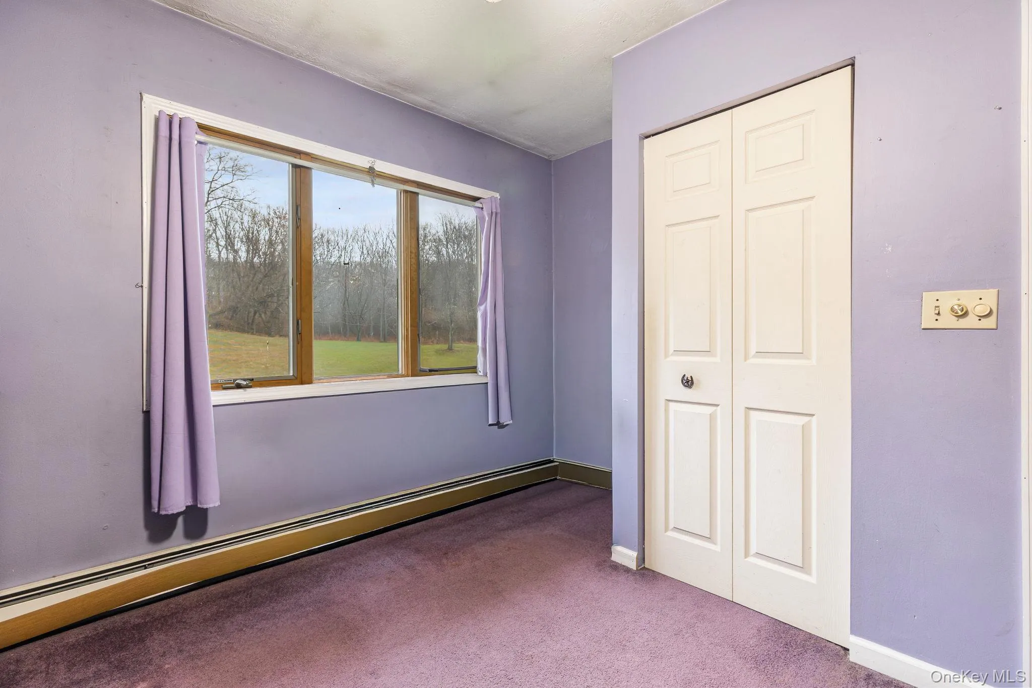 Unfurnished bedroom featuring a baseboard radiator, carpet floors, and a closet Unfurnished bedroom featuring a baseboard radiator, carpet floors, and a closet