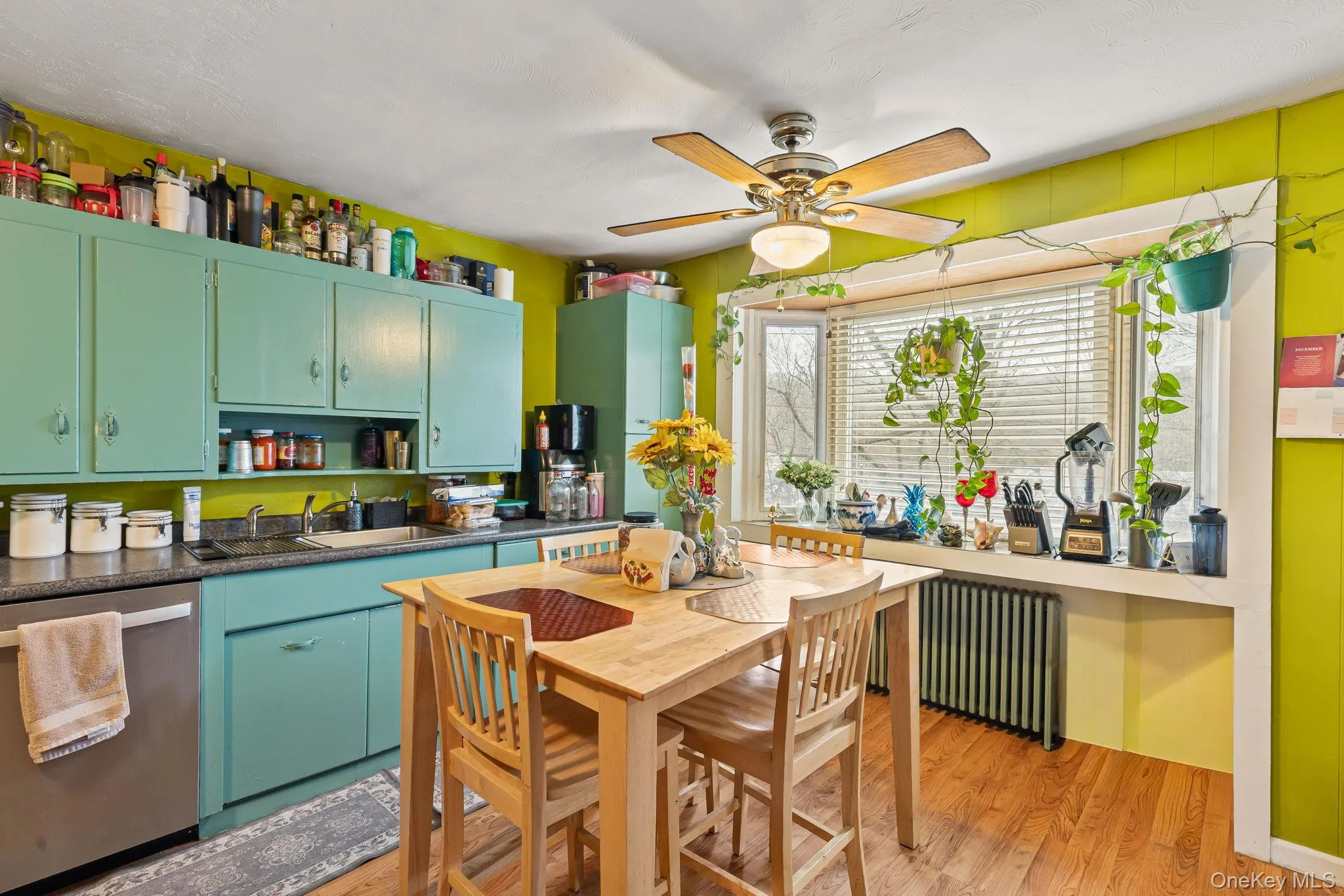 Kitchen featuring dark countertops, stainless steel dishwasher, green cabinets, light wood finished floors, and a ceiling fan Kitchen featuring dark countertops, stainless steel dishwasher, green cabinets, light wood finished floors, and a ceiling fan