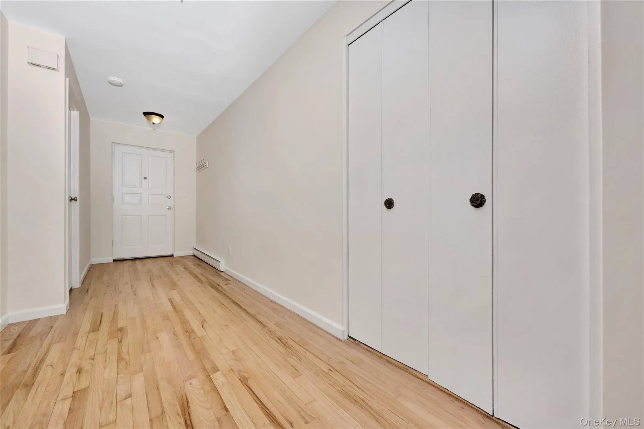 Hallway featuring light wood-style flooring and baseboard heating Hallway featuring light wood-style flooring and baseboard heating