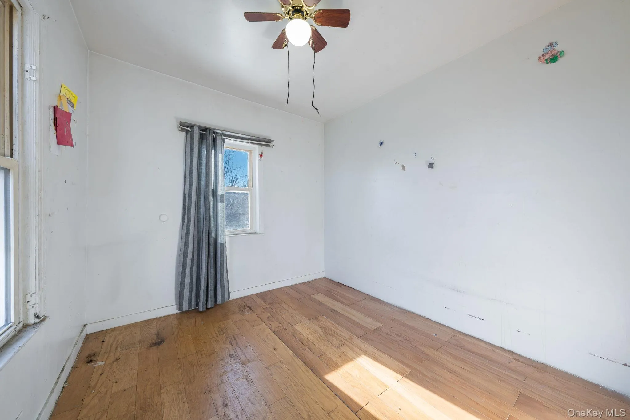 Empty room with hardwood / wood-style floors and a ceiling fan Empty room with hardwood / wood-style floors and a ceiling fan