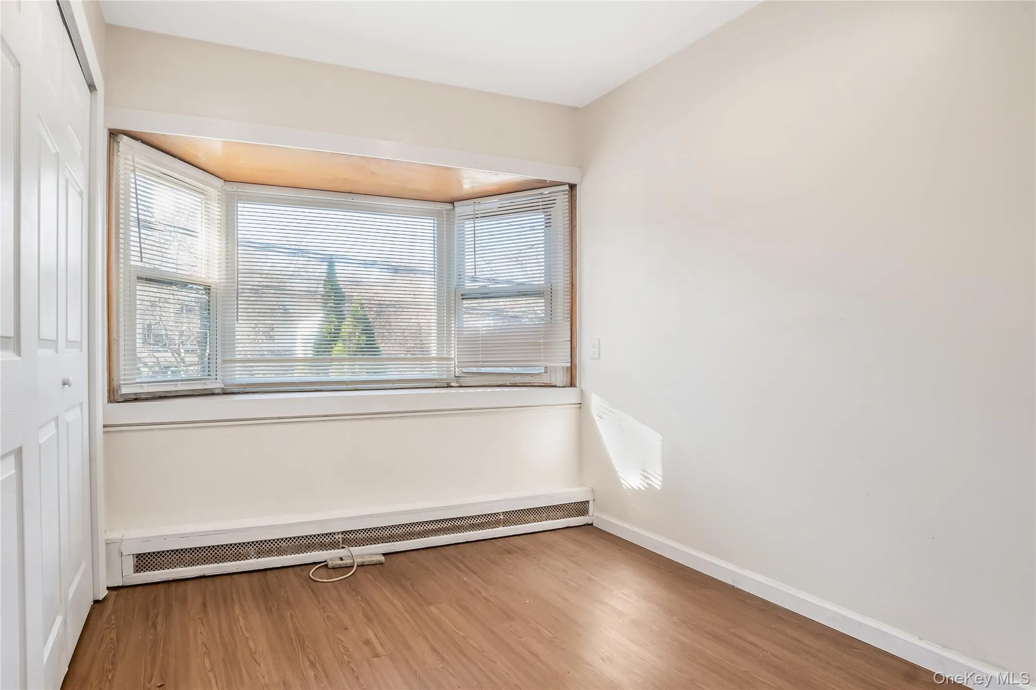 Unfurnished room with light wood finished floors and baseboard heating Unfurnished room with light wood finished floors and baseboard heating