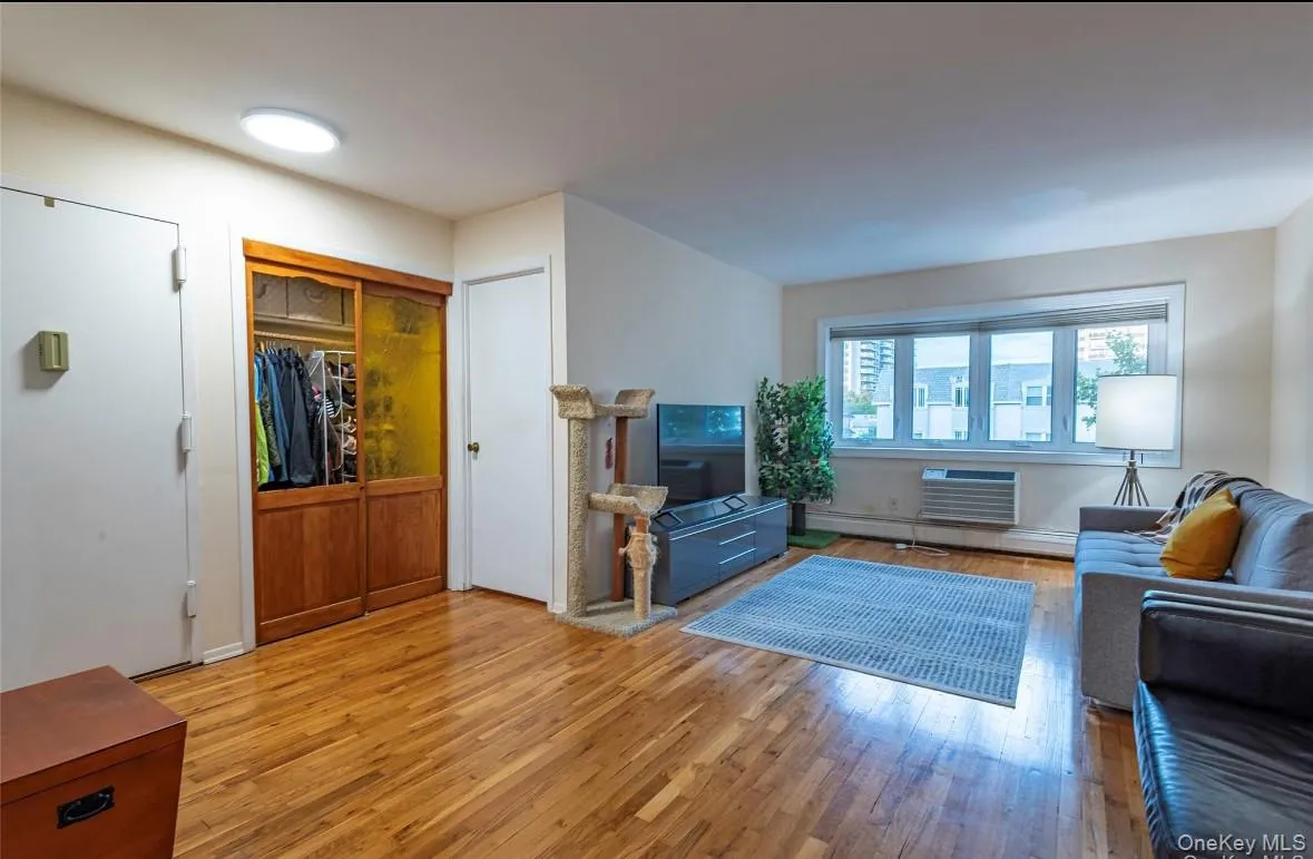 Living room with light wood finished floors, a wall mounted air conditioner, and a baseboard heating unit Living room with light wood finished floors, a wall mounted air conditioner, and a baseboard heating unit