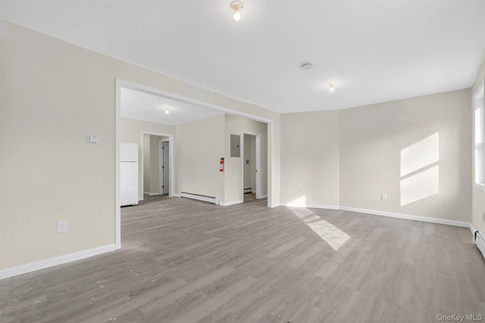 Spare room featuring light wood finished floors, a baseboard heating unit, and electric panel Spare room featuring light wood finished floors, a baseboard heating unit, and electric panel