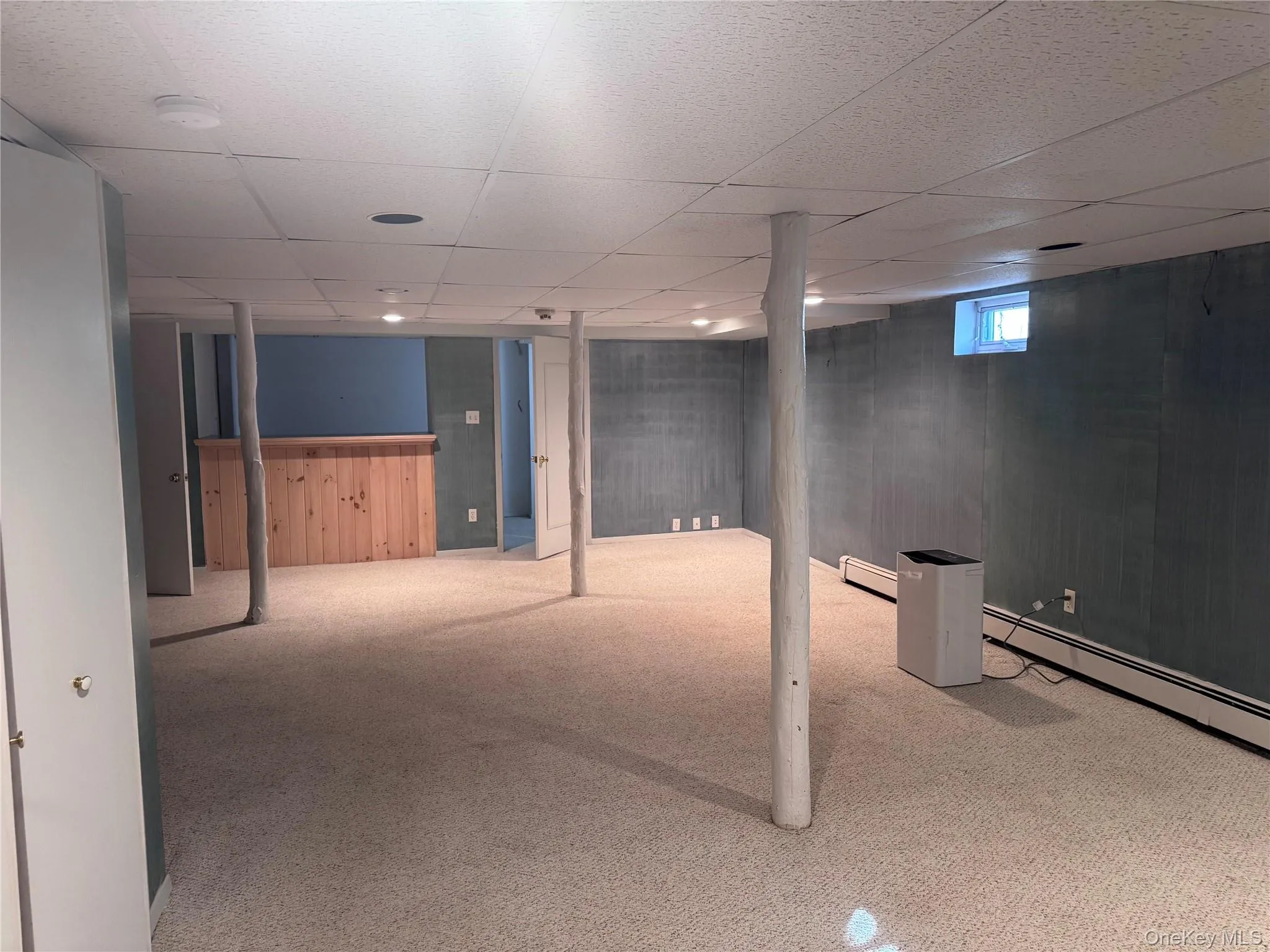 Below grade area featuring carpet floors, a drop ceiling, wooden walls, and a baseboard heating unit Below grade area featuring carpet floors, a drop ceiling, wooden walls, and a baseboard heating unit