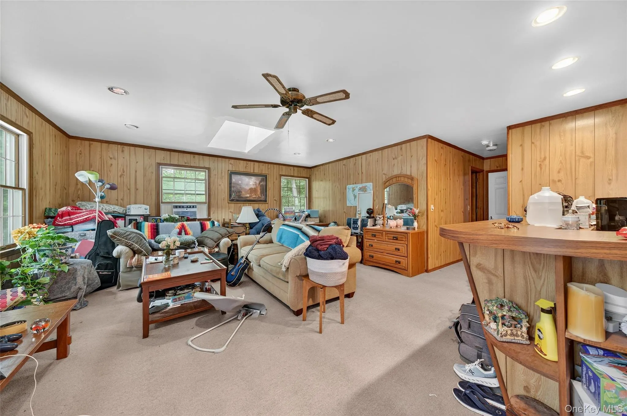 Living area with a skylight, ornamental molding, light carpet, wood walls, and recessed lighting Living area with a skylight, ornamental molding, light carpet, wood walls, and recessed lighting