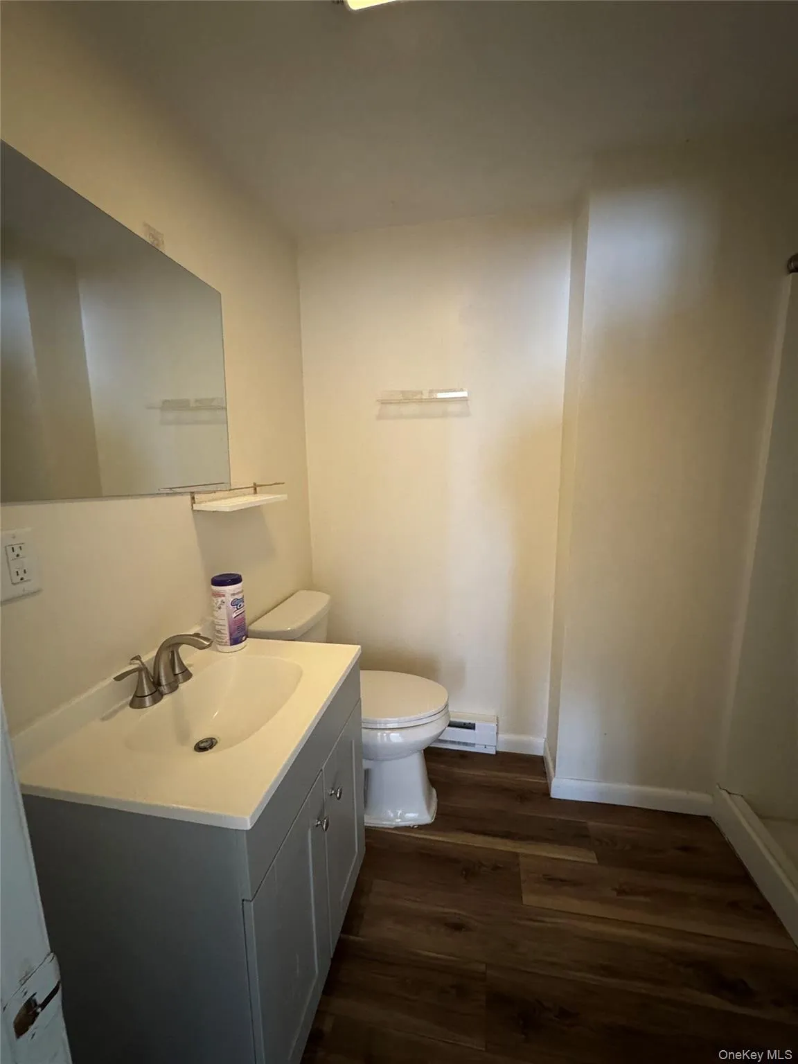 Bathroom with vanity, dark wood finished floors, and baseboard heating Bathroom with vanity, dark wood finished floors, and baseboard heating