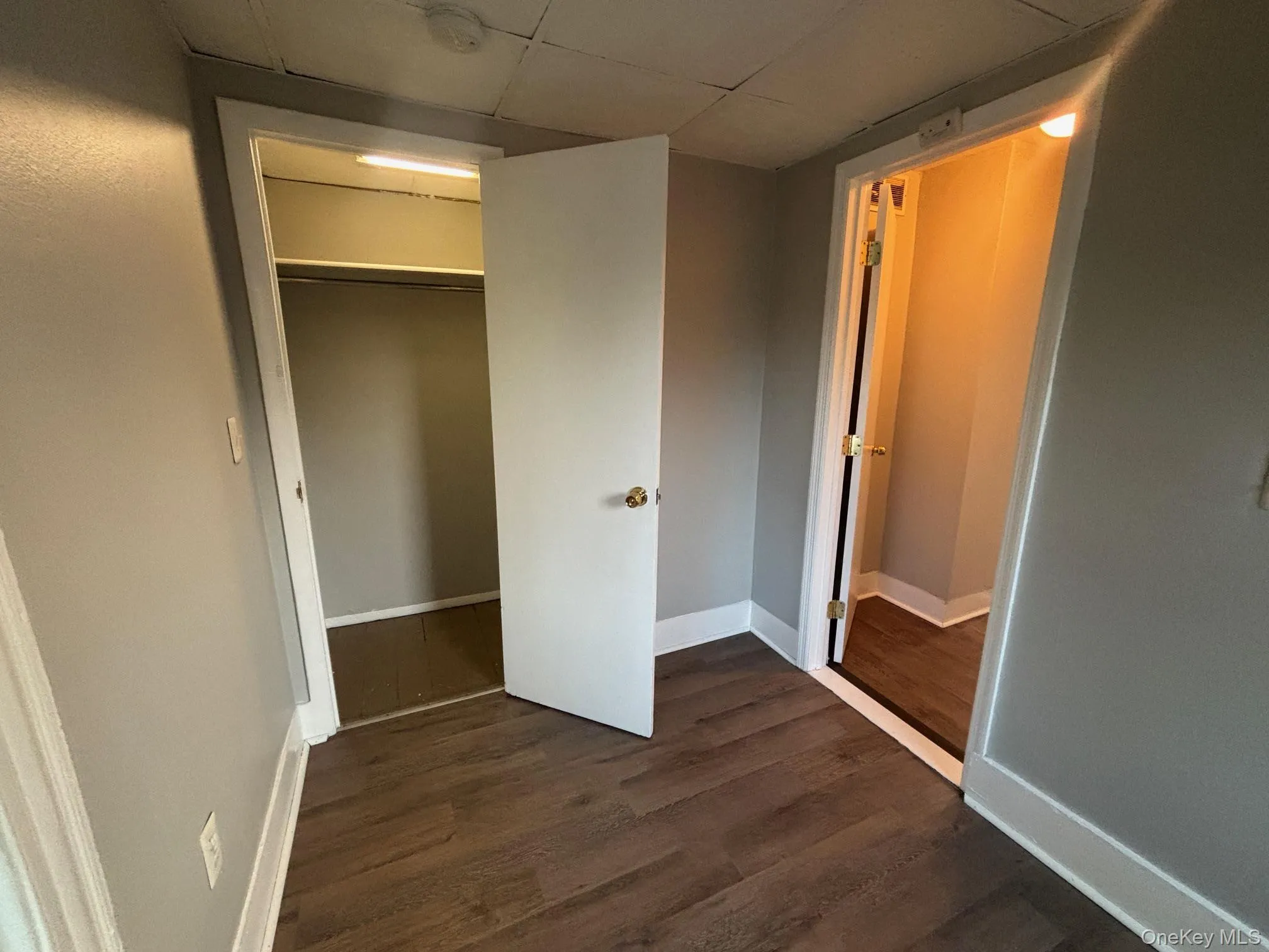 Unfurnished bedroom with a closet and dark wood finished floors Unfurnished bedroom with a closet and dark wood finished floors