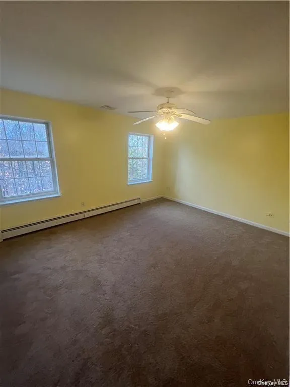 Carpeted empty room featuring a wealth of natural light, a baseboard heating unit, and ceiling fan Carpeted empty room featuring a wealth of natural light, a baseboard heating unit, and ceiling fan