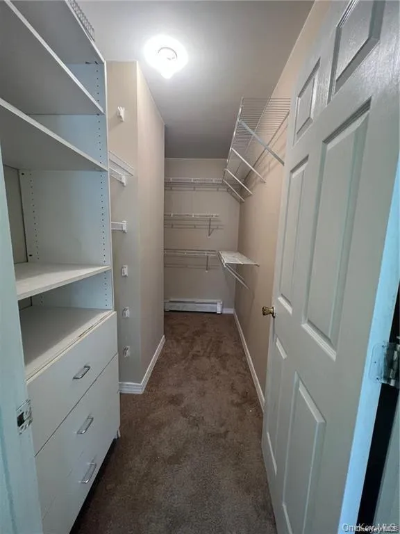 Spacious closet with a baseboard radiator and dark carpet Spacious closet with a baseboard radiator and dark carpet