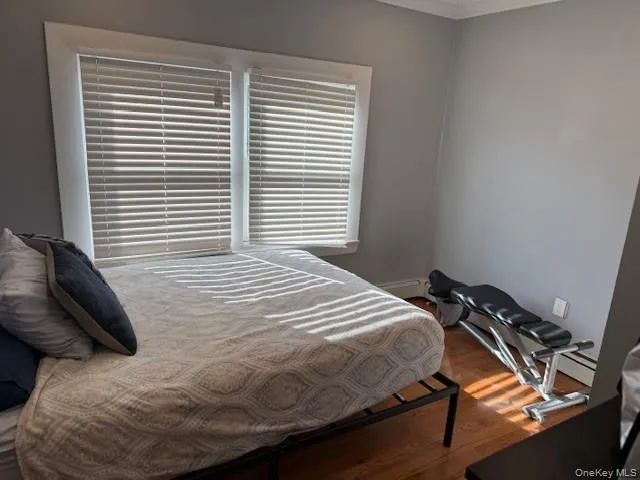 Bedroom with dark wood-style flooring and baseboard heating Bedroom with dark wood-style flooring and baseboard heating