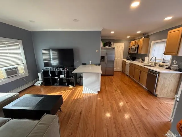 Kitchen with open floor plan, stainless steel appliances, crown molding, light wood-style flooring, and a peninsula Kitchen with open floor plan, stainless steel appliances, crown molding, light wood-style flooring, and a peninsula