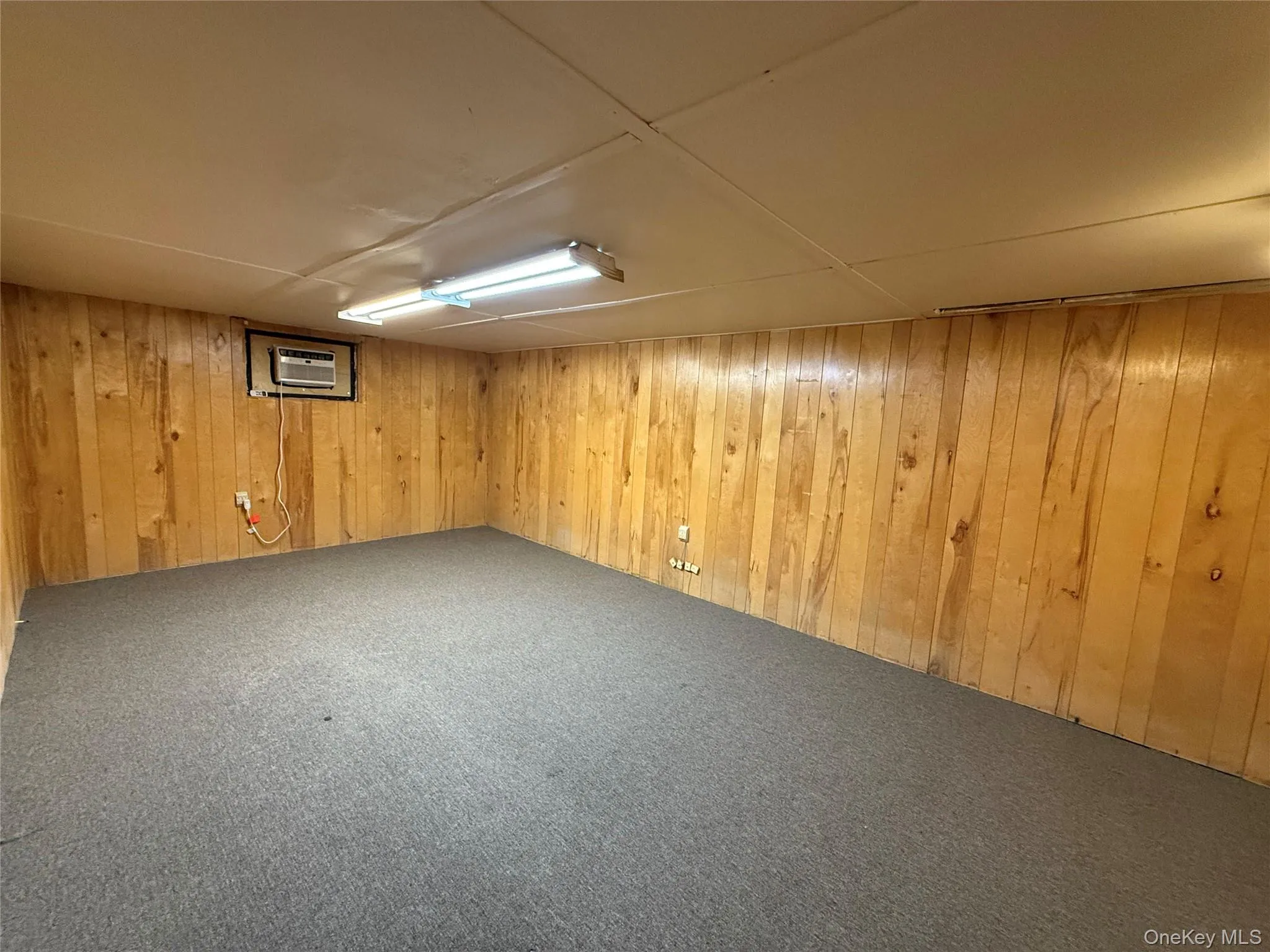 Finished basement with wooden walls and carpet floors Finished basement with wooden walls and carpet floors