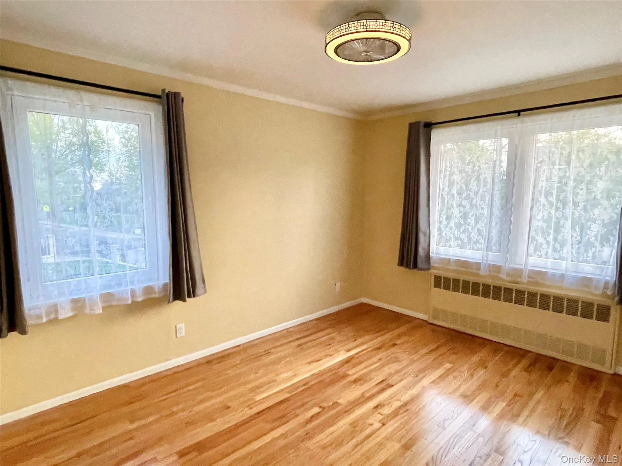 Empty room featuring radiator, plenty of natural light, light wood-type flooring, and ornamental molding Empty room featuring radiator, plenty of natural light, light wood-type flooring, and ornamental molding