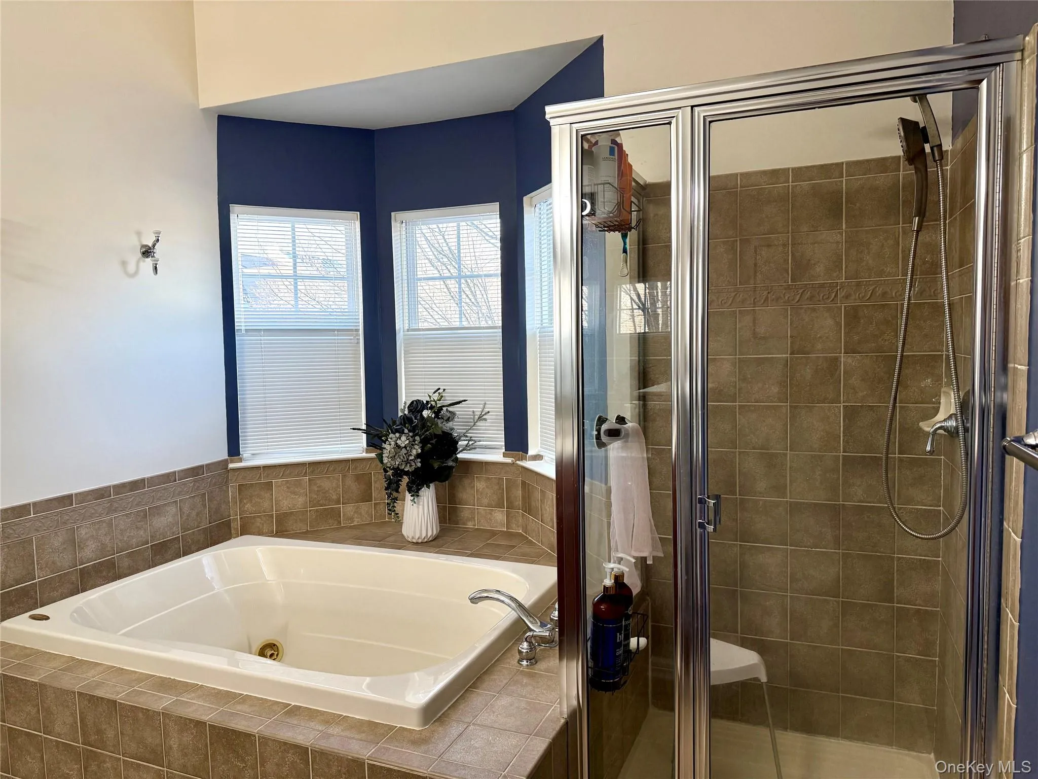 Bathroom featuring a tub with jets and a stall shower Bathroom featuring a tub with jets and a stall shower