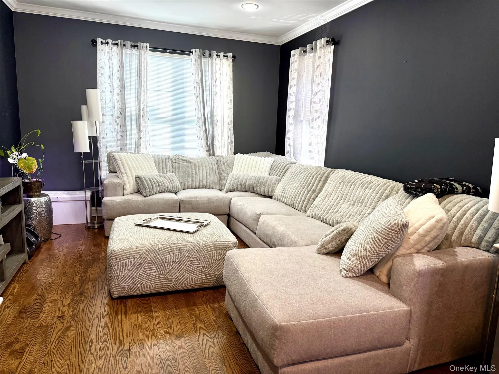 Living area featuring wood finished floors and ornamental molding Living area featuring wood finished floors and ornamental molding