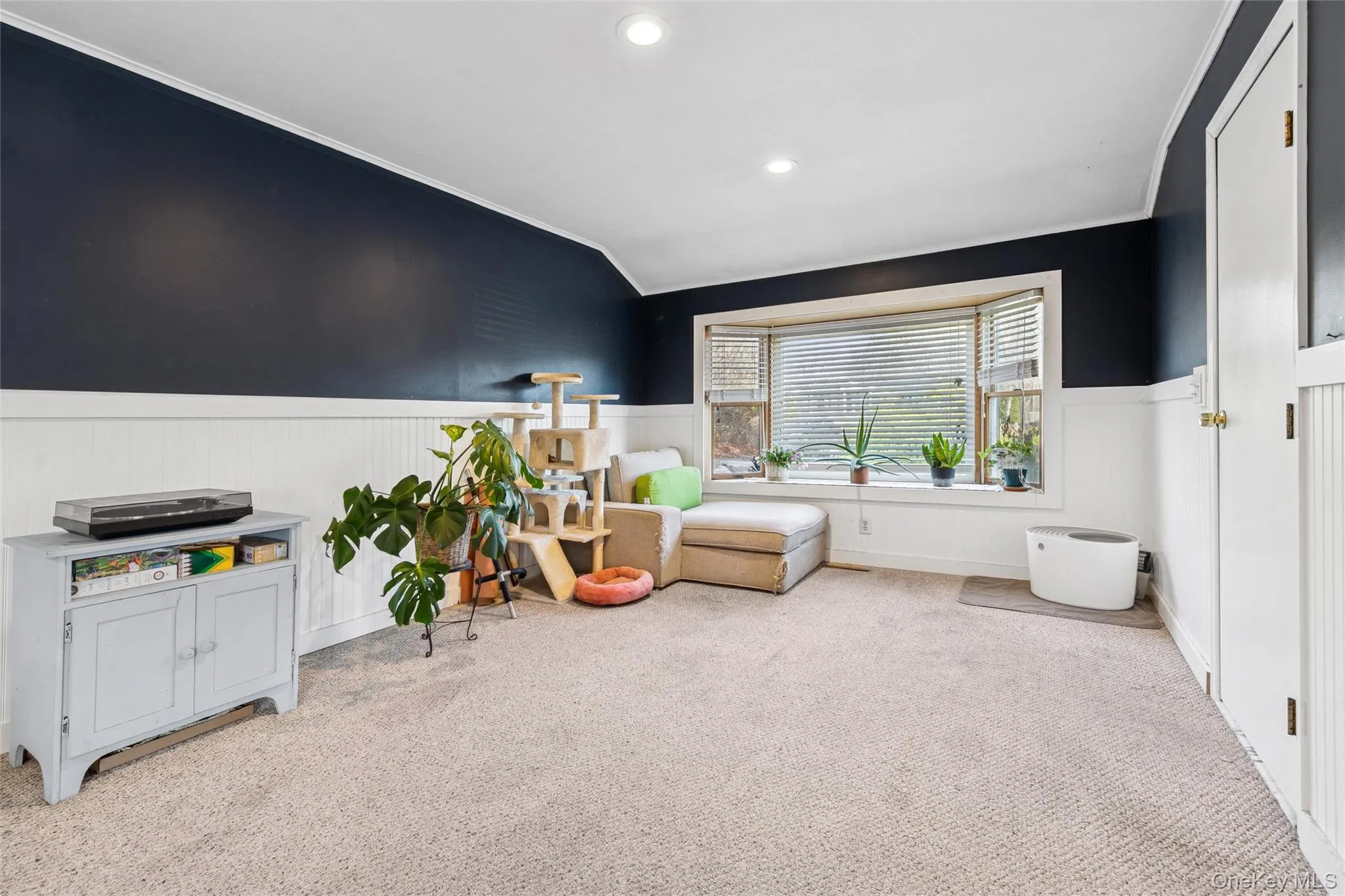 Living area with light colored carpet, lofted ceiling, wainscoting, recessed lighting, and ornamental molding Living area with light colored carpet, lofted ceiling, wainscoting, recessed lighting, and ornamental molding