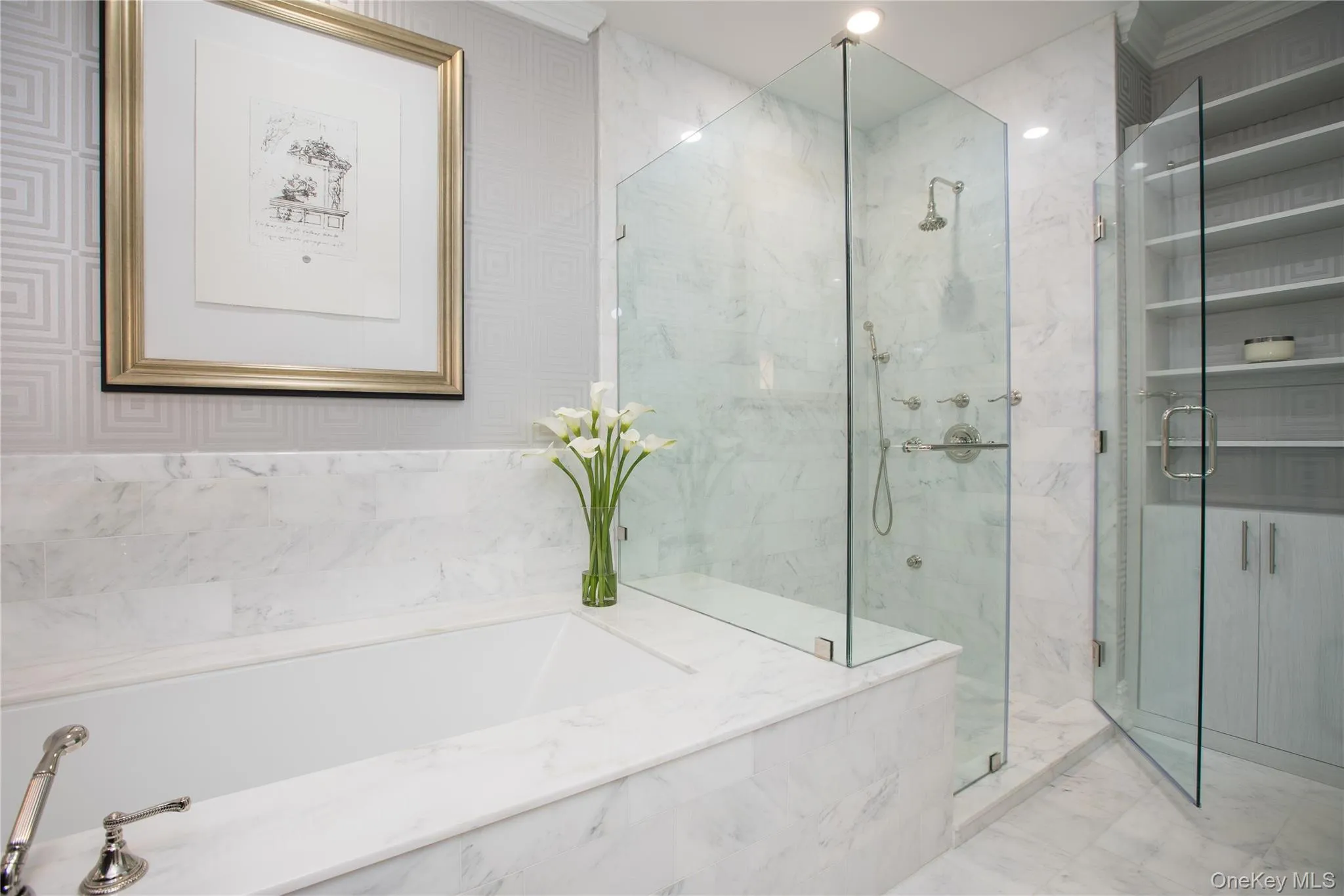 Bathroom with a garden tub, a marble finish shower, and marble look tiles Bathroom with a garden tub, a marble finish shower, and marble look tiles