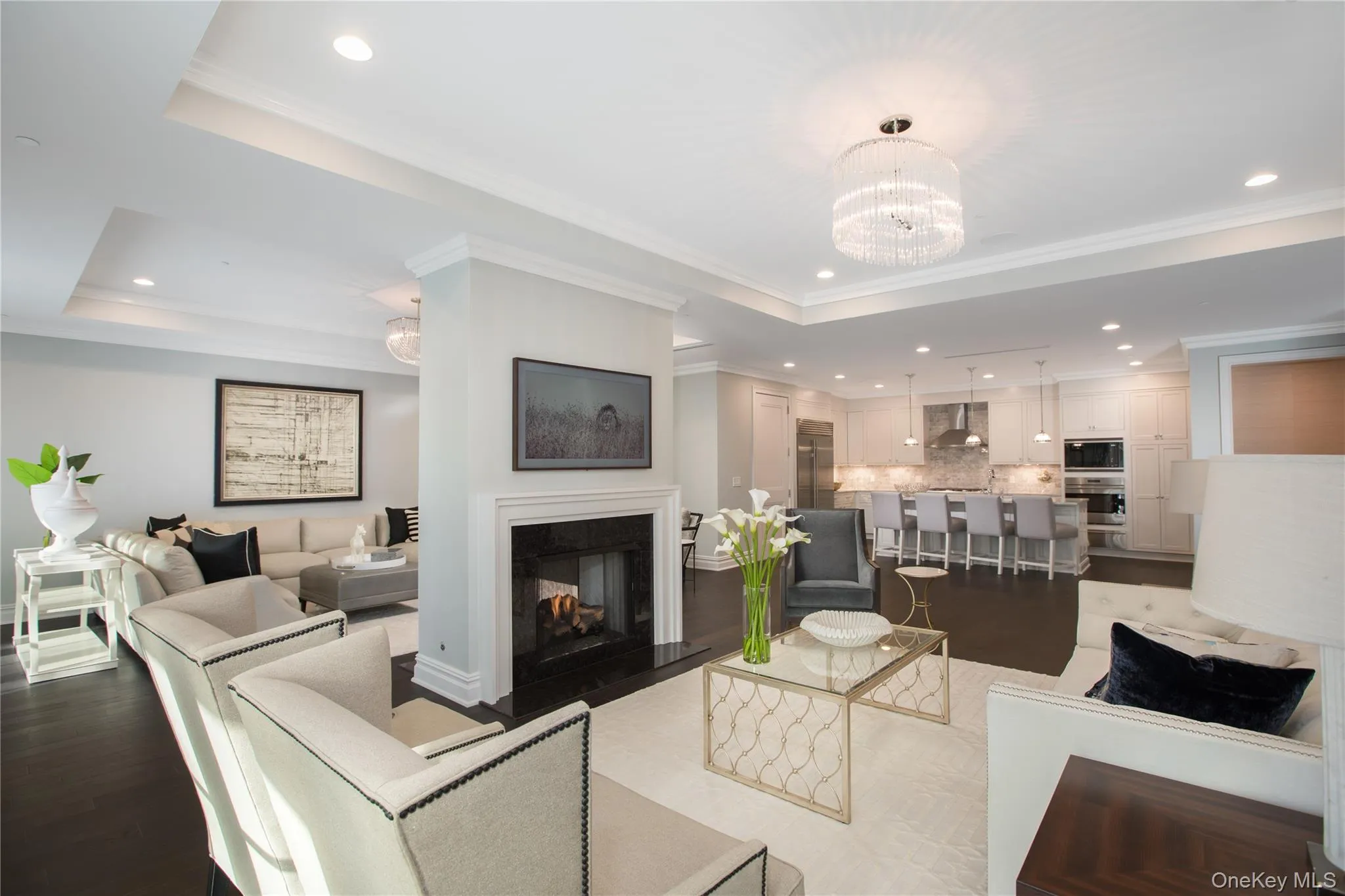 Living room featuring recessed lighting, a multi sided fireplace, a tray ceiling, ornamental molding, and wood finished floors Living room featuring recessed lighting, a multi sided fireplace, a tray ceiling, ornamental molding, and wood finished floors