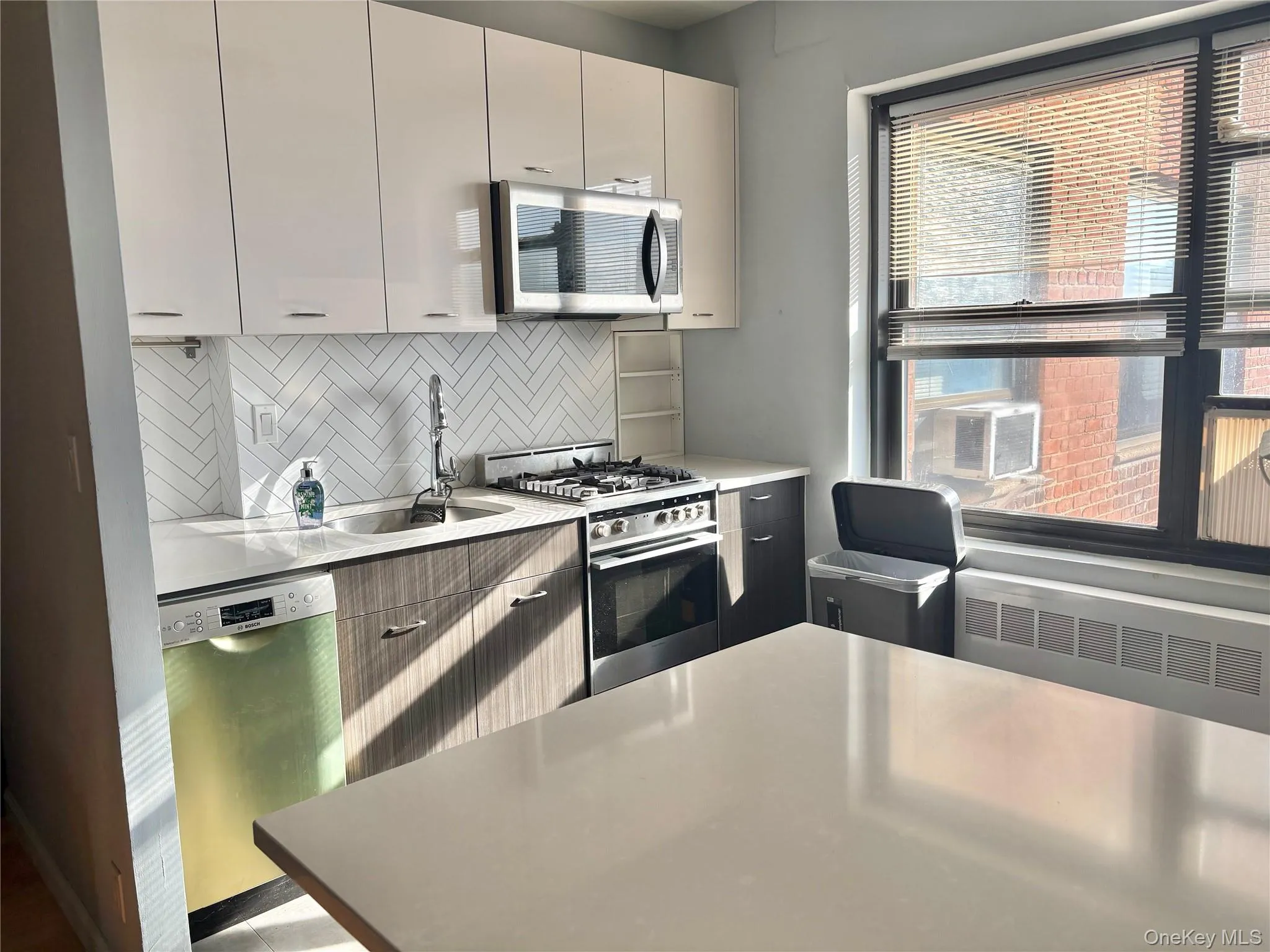 Kitchen with modern cabinets, stainless steel appliances, radiator, decorative backsplash, and white cabinetry Kitchen with modern cabinets, stainless steel appliances, radiator, decorative backsplash, and white cabinetry