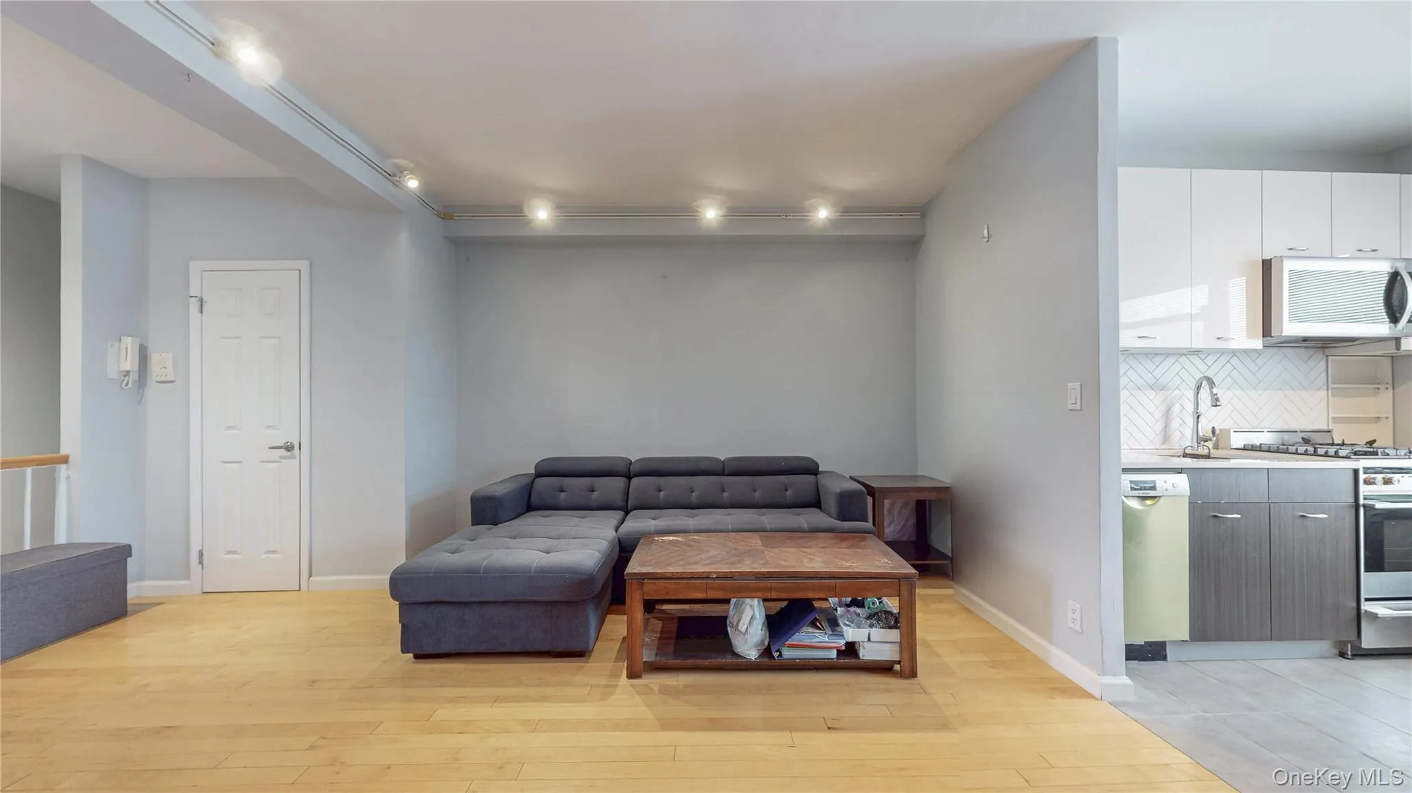 Living area with track lighting and light wood-style flooring Living area with track lighting and light wood-style flooring
