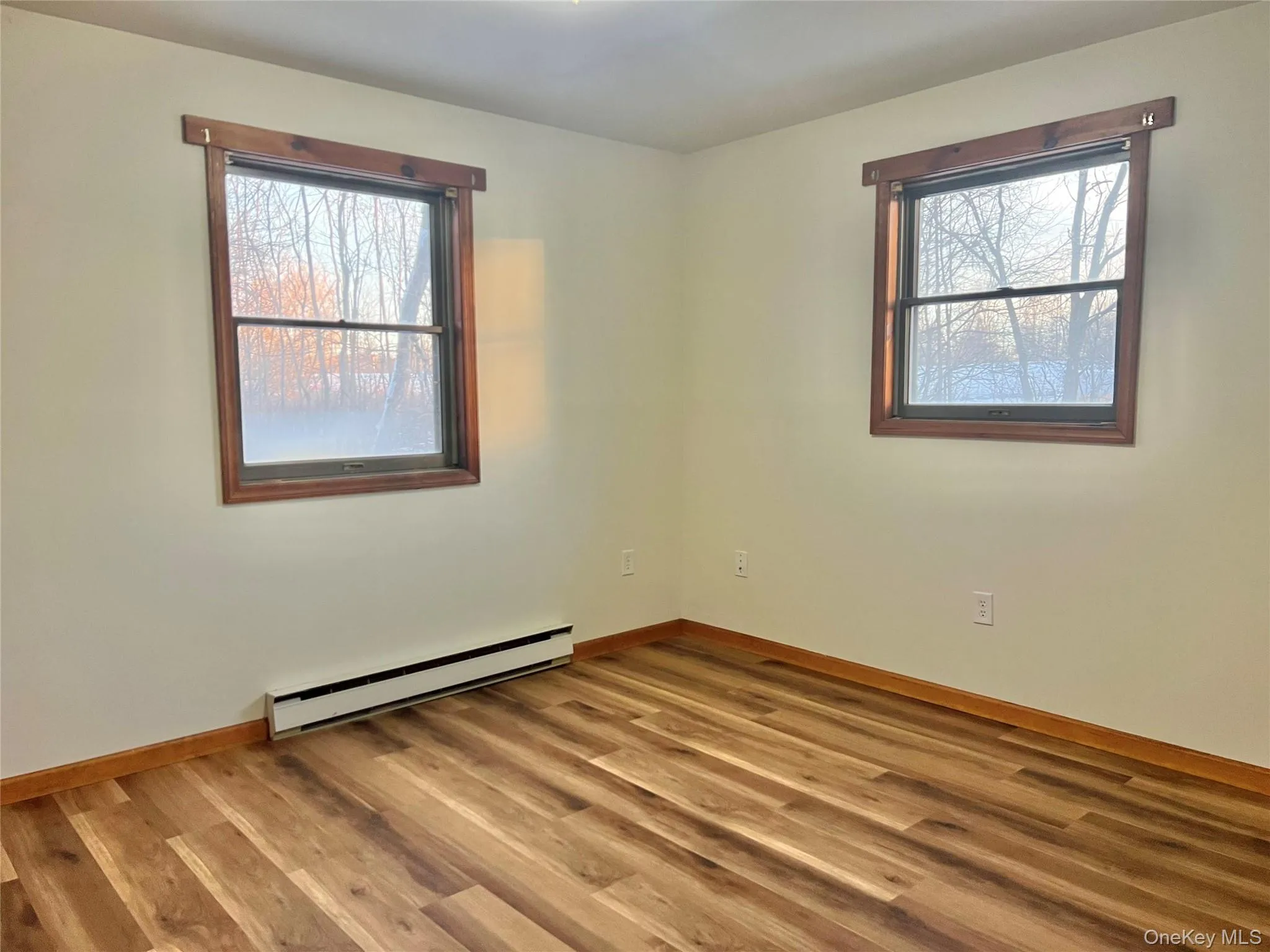 Empty room featuring a baseboard heating unit and light wood-type flooring Empty room featuring a baseboard heating unit and light wood-type flooring