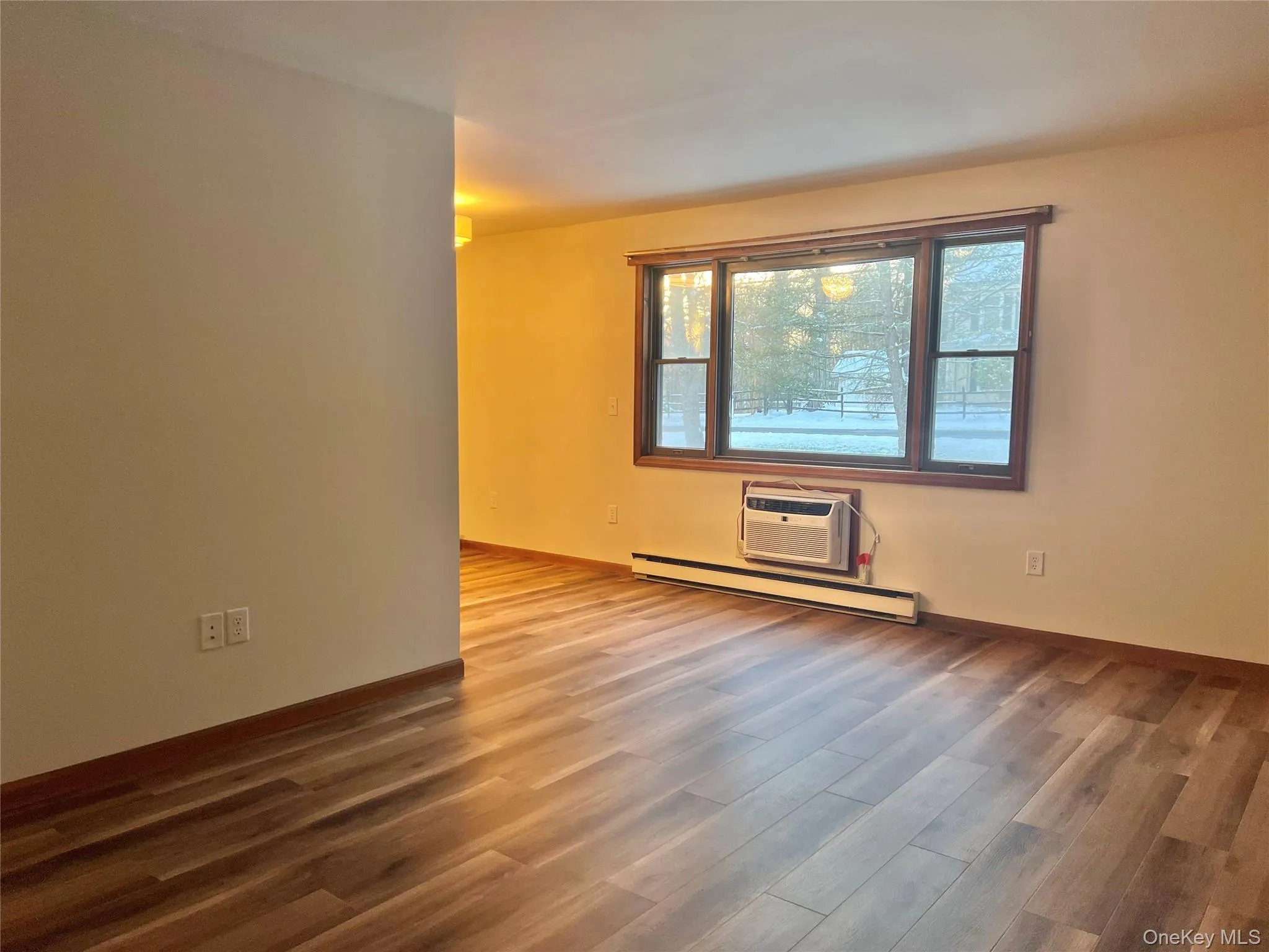 Spare room featuring wood finished floors, a baseboard heating unit, and an AC wall unit Spare room featuring wood finished floors, a baseboard heating unit, and an AC wall unit