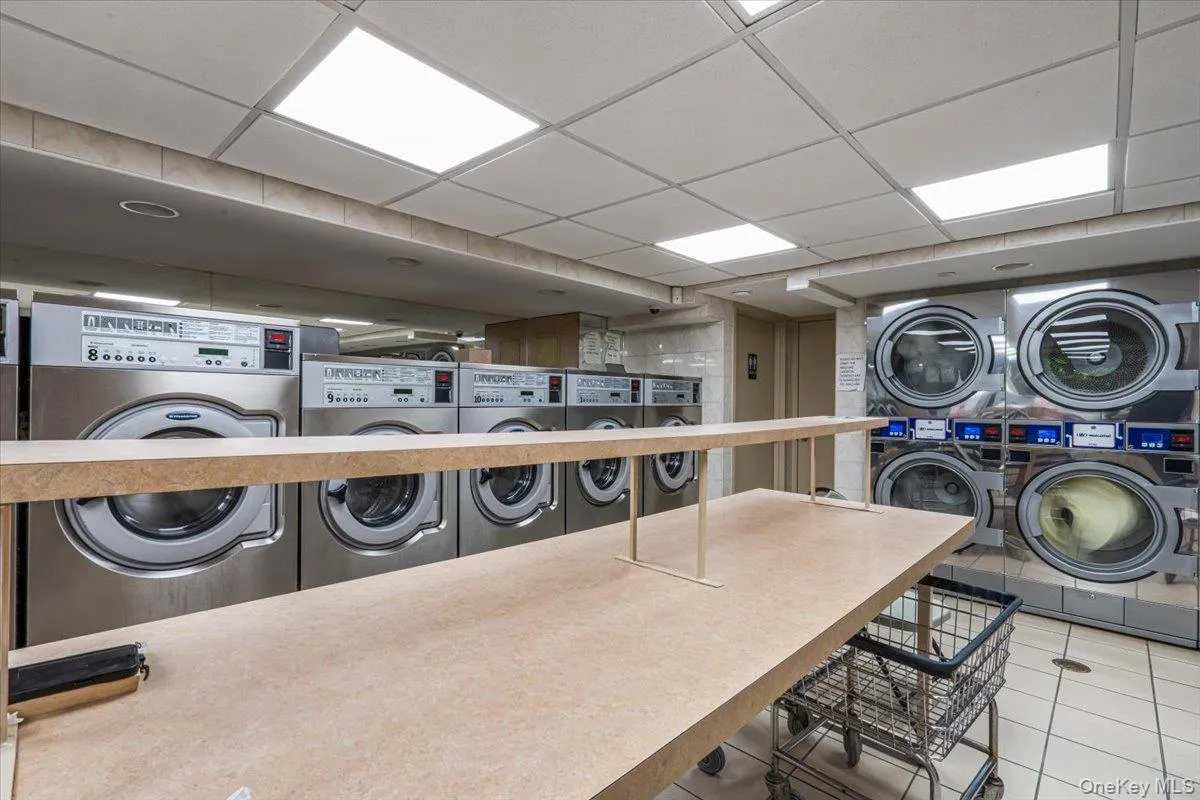 Shared laundry with a paneled ceiling, separate washer and dryer, and stacked washer and clothes dryer Shared laundry with a paneled ceiling, separate washer and dryer, and stacked washer and clothes dryer