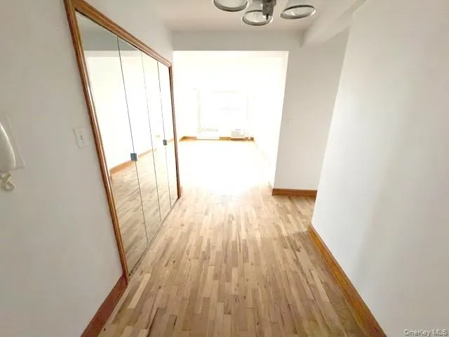 Hallway with light wood finished floors, a chandelier, and radiator heating unit Hallway with light wood finished floors, a chandelier, and radiator heating unit