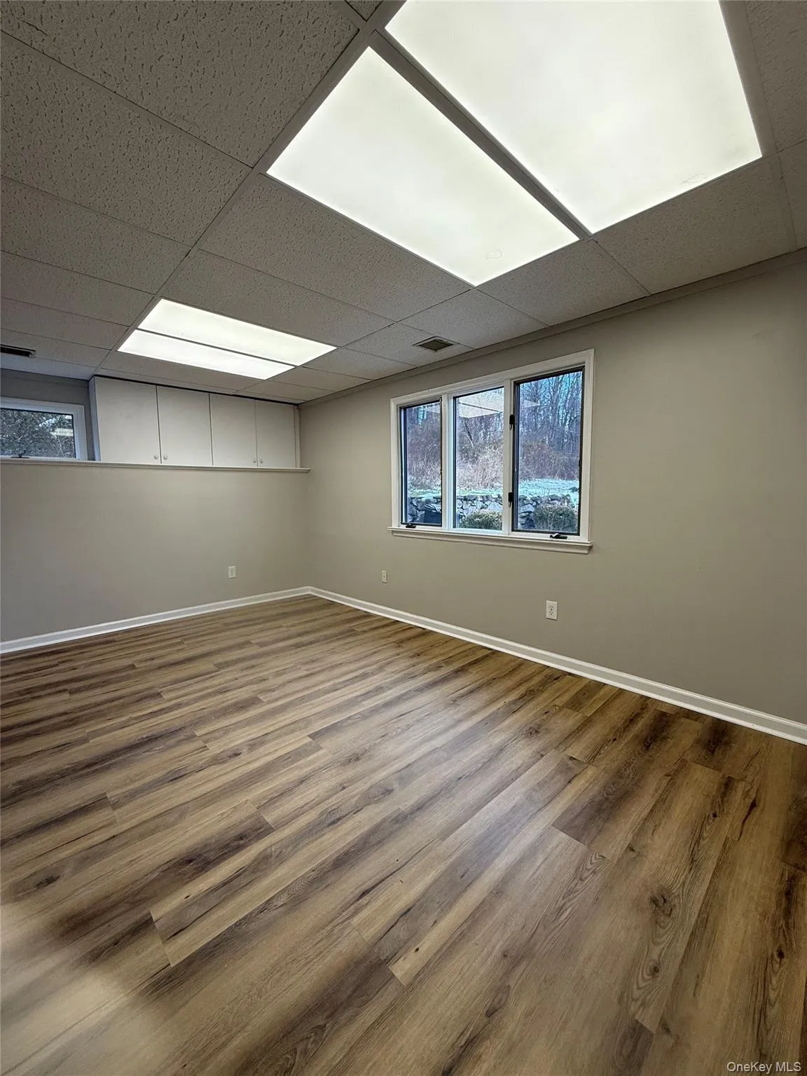 Spare room featuring a drop ceiling, wood finished floors, and plenty of natural light Spare room featuring a drop ceiling, wood finished floors, and plenty of natural light