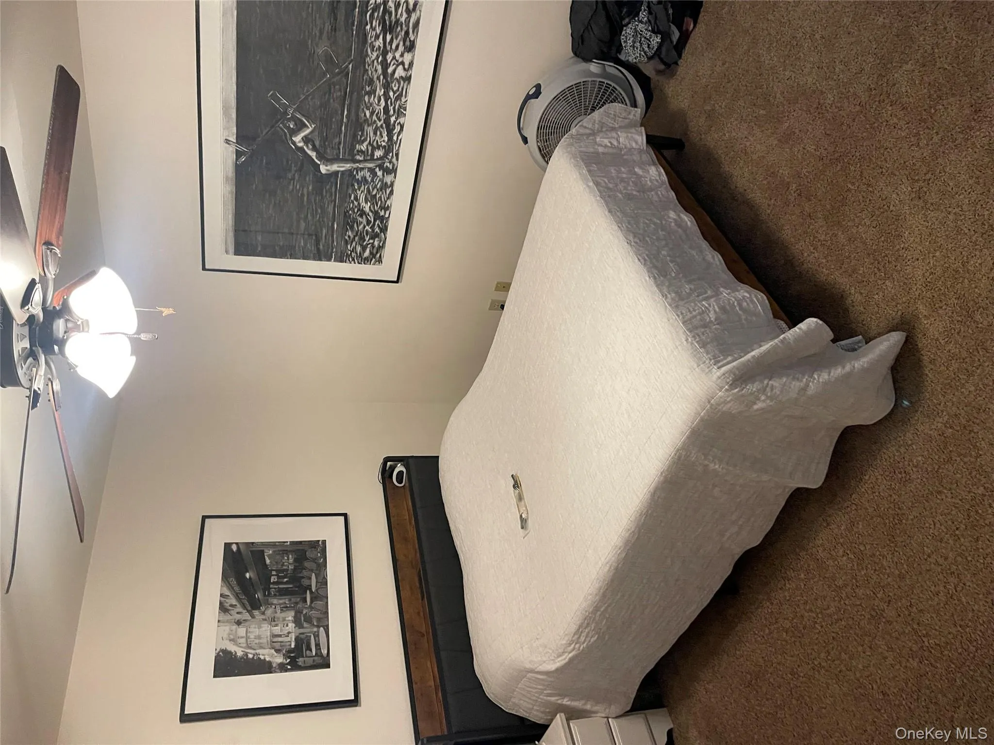 Carpeted bedroom featuring a ceiling fan Carpeted bedroom featuring a ceiling fan