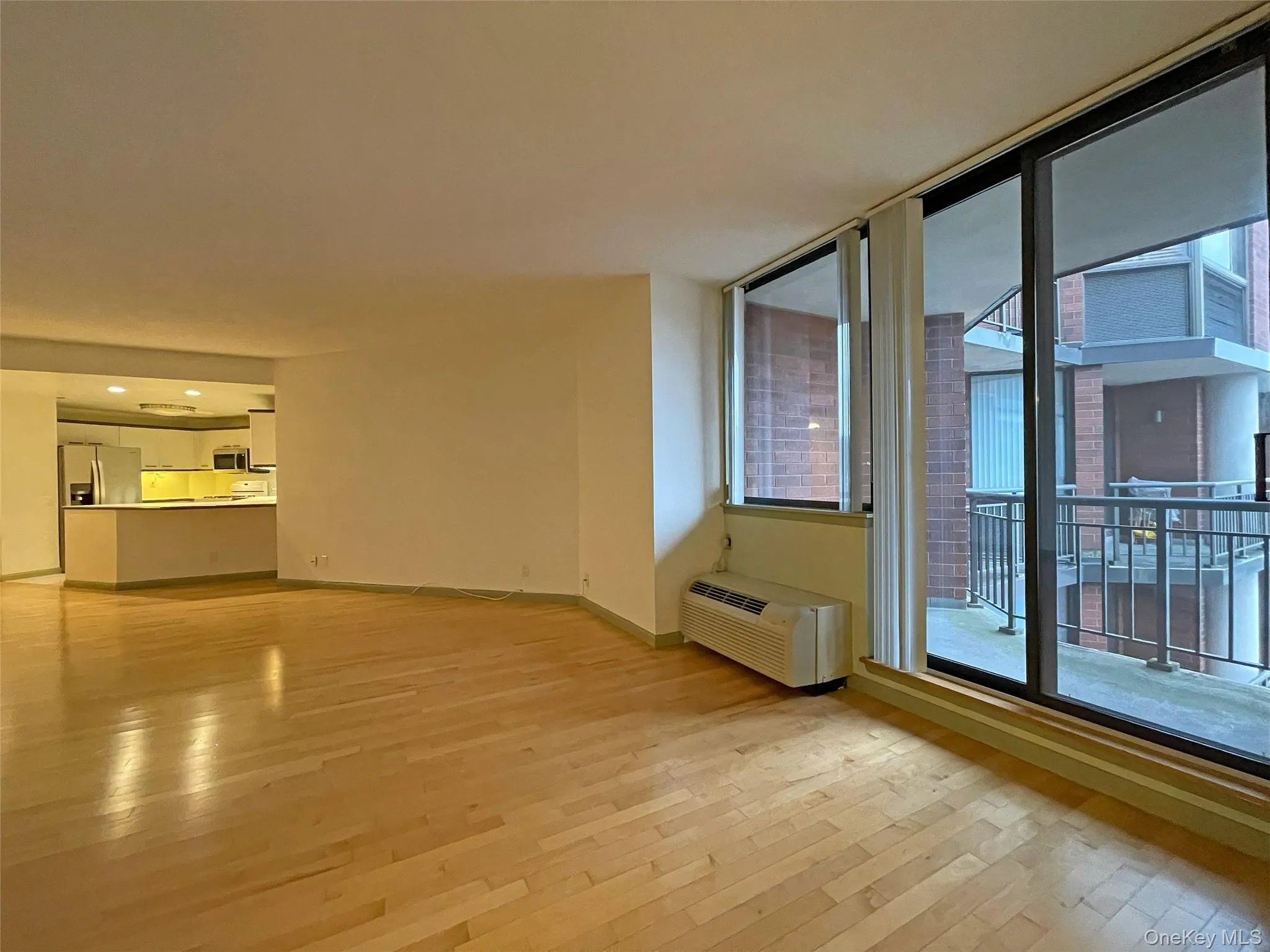Unfurnished living room featuring light wood-style flooring and an AC wall unit Unfurnished living room featuring light wood-style flooring and an AC wall unit