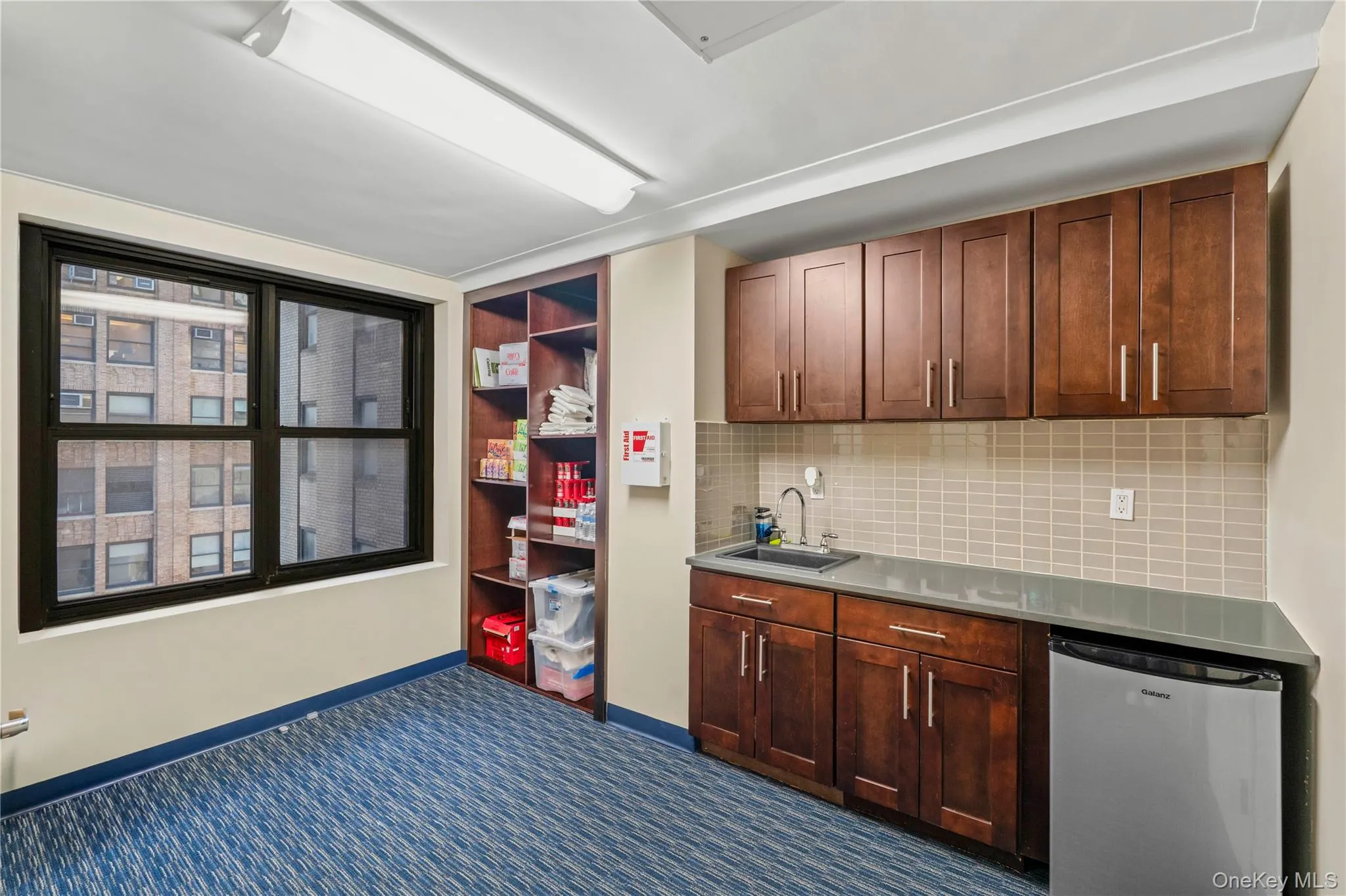 Kitchen with dark carpet, decorative backsplash, and dishwasher Kitchen with dark carpet, decorative backsplash, and dishwasher