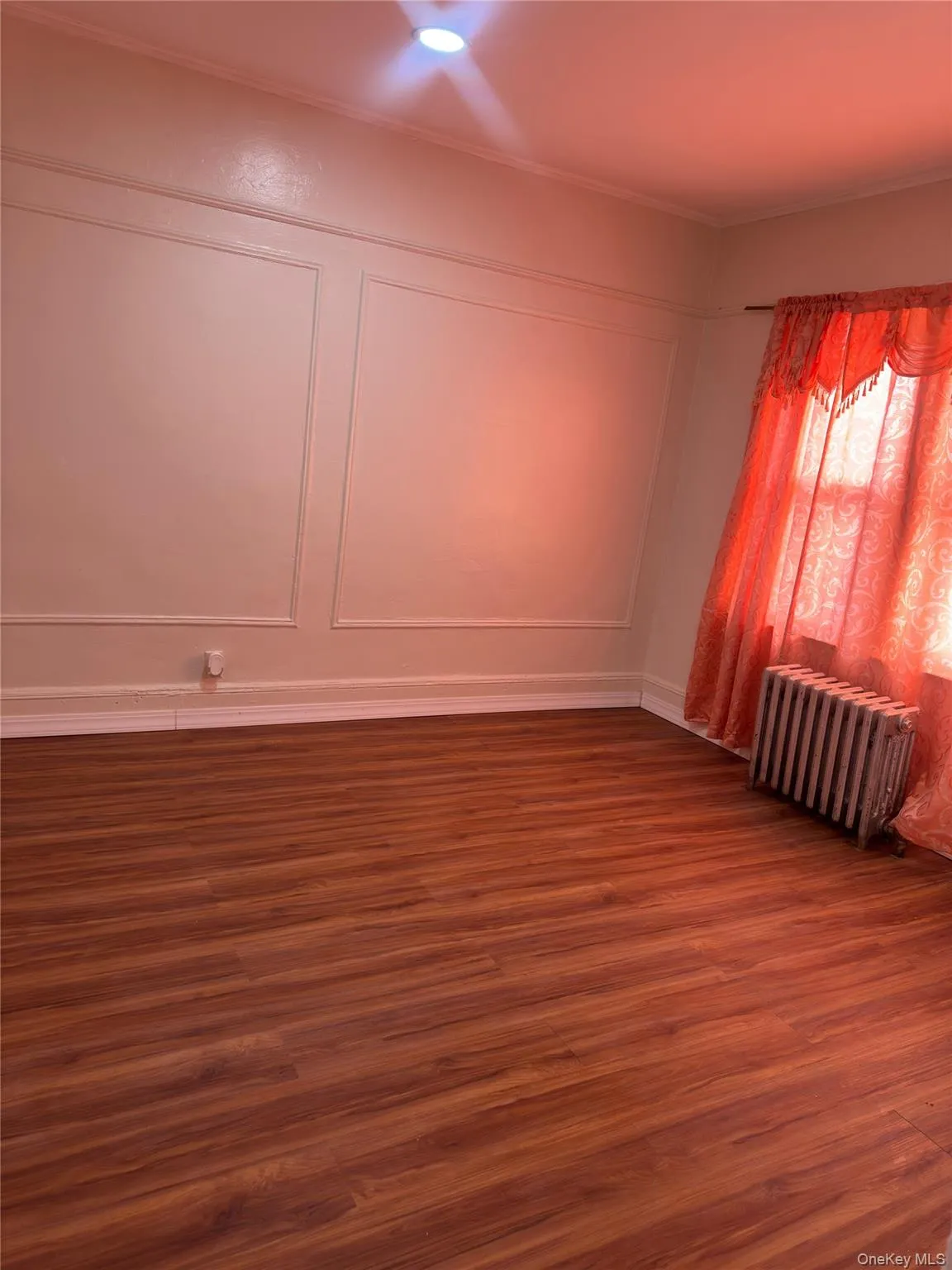 Empty room with dark wood-style floors, radiator, and ornamental molding Empty room with dark wood-style floors, radiator, and ornamental molding