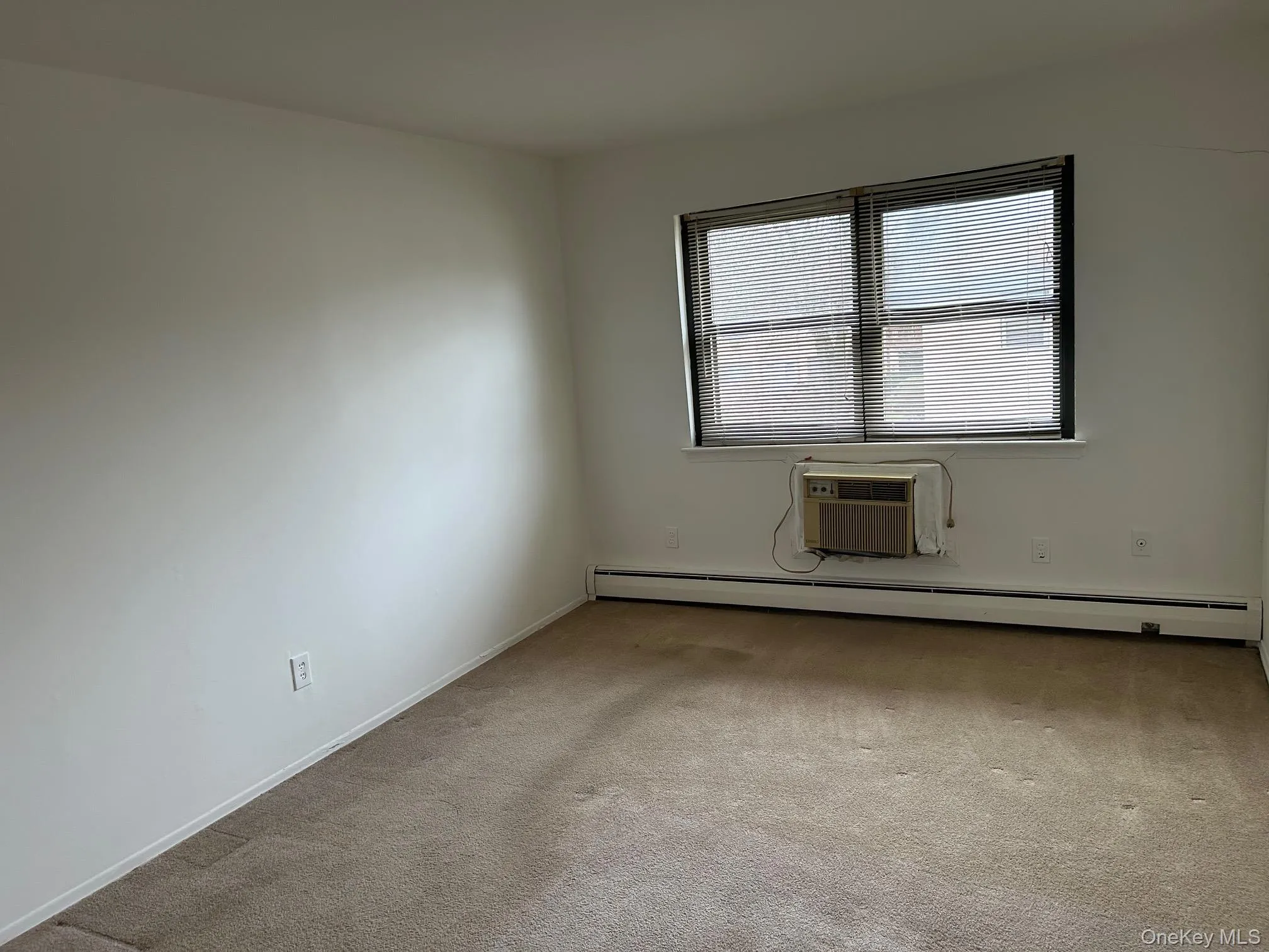 Unfurnished room with light carpet, a baseboard heating unit, and a wall mounted air conditioner Unfurnished room with light carpet, a baseboard heating unit, and a wall mounted air conditioner