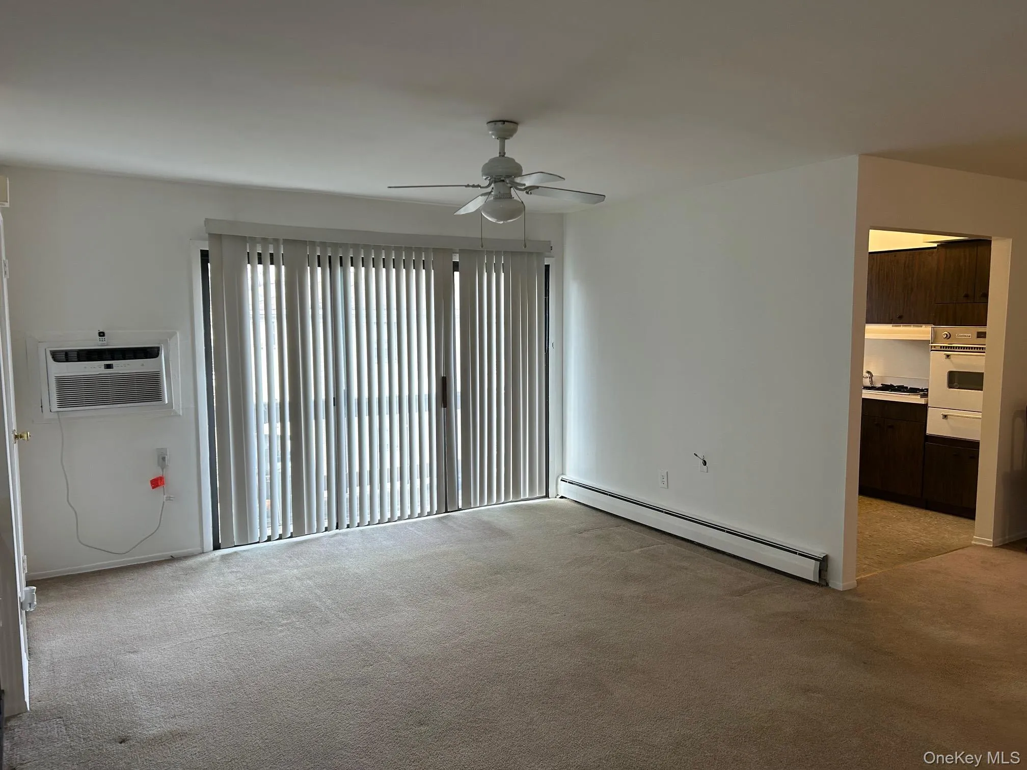 Spare room with a baseboard heating unit, light colored carpet, ceiling fan, and a wall unit AC Spare room with a baseboard heating unit, light colored carpet, ceiling fan, and a wall unit AC