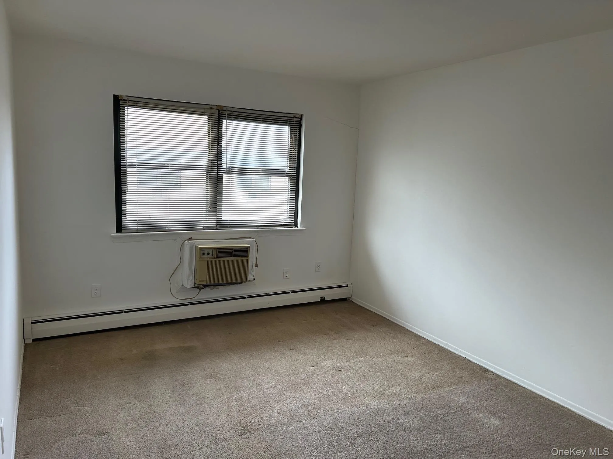 Spare room featuring a baseboard heating unit, light colored carpet, and a wall unit AC Spare room featuring a baseboard heating unit, light colored carpet, and a wall unit AC