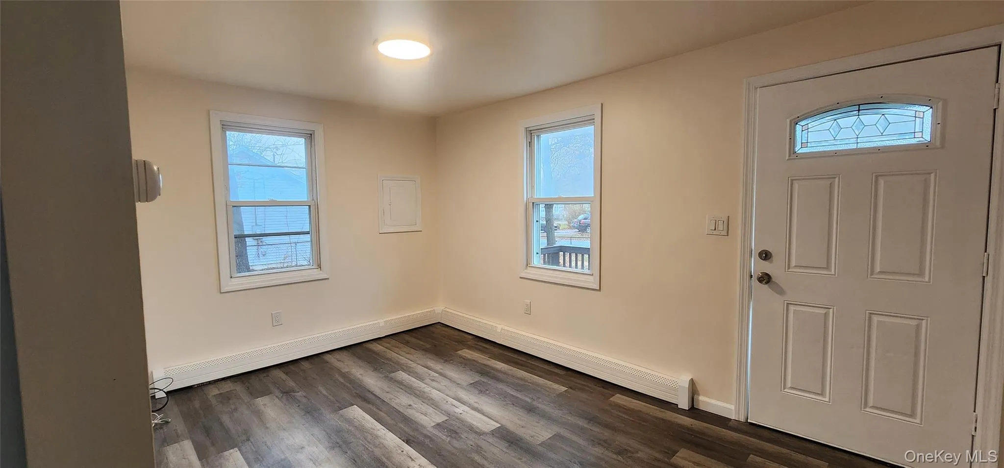 Foyer featuring plenty of natural light, dark wood-style flooring, and a baseboard heating unit Foyer featuring plenty of natural light, dark wood-style flooring, and a baseboard heating unit