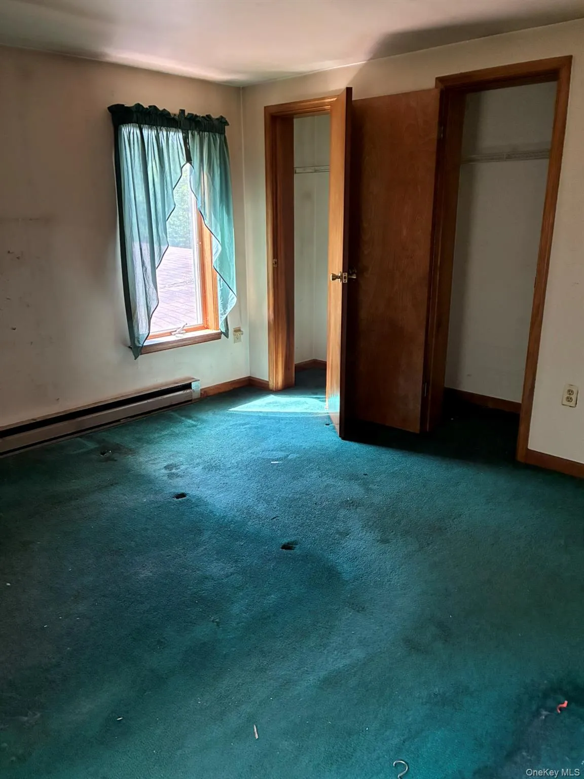 Master bedroom with a baseboard heating unit, carpet floors, and two closets Master bedroom with a baseboard heating unit, carpet floors, and two closets