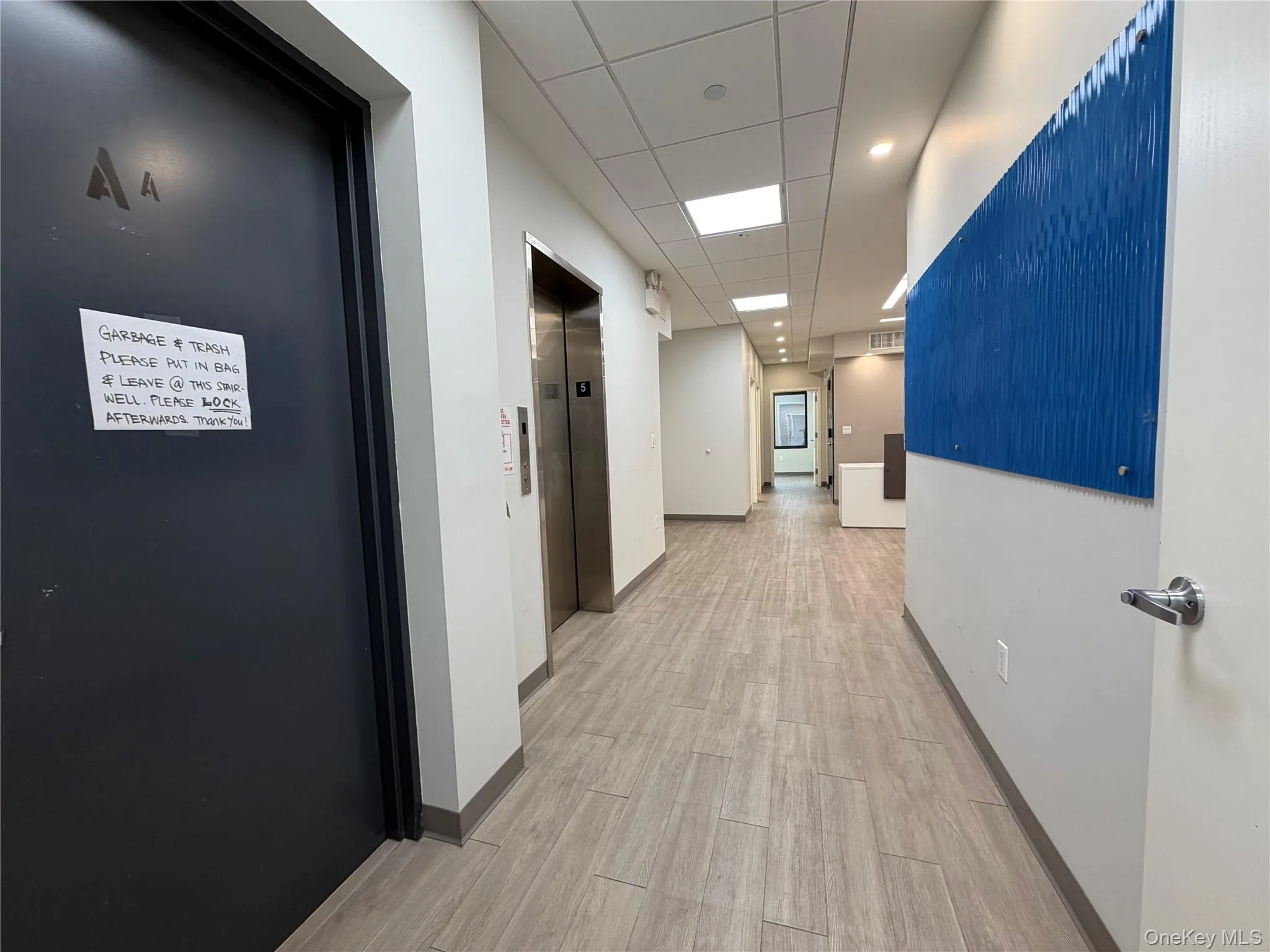 Hallway featuring elevator, light wood-style floors, and a drop ceiling Hallway featuring elevator, light wood-style floors, and a drop ceiling