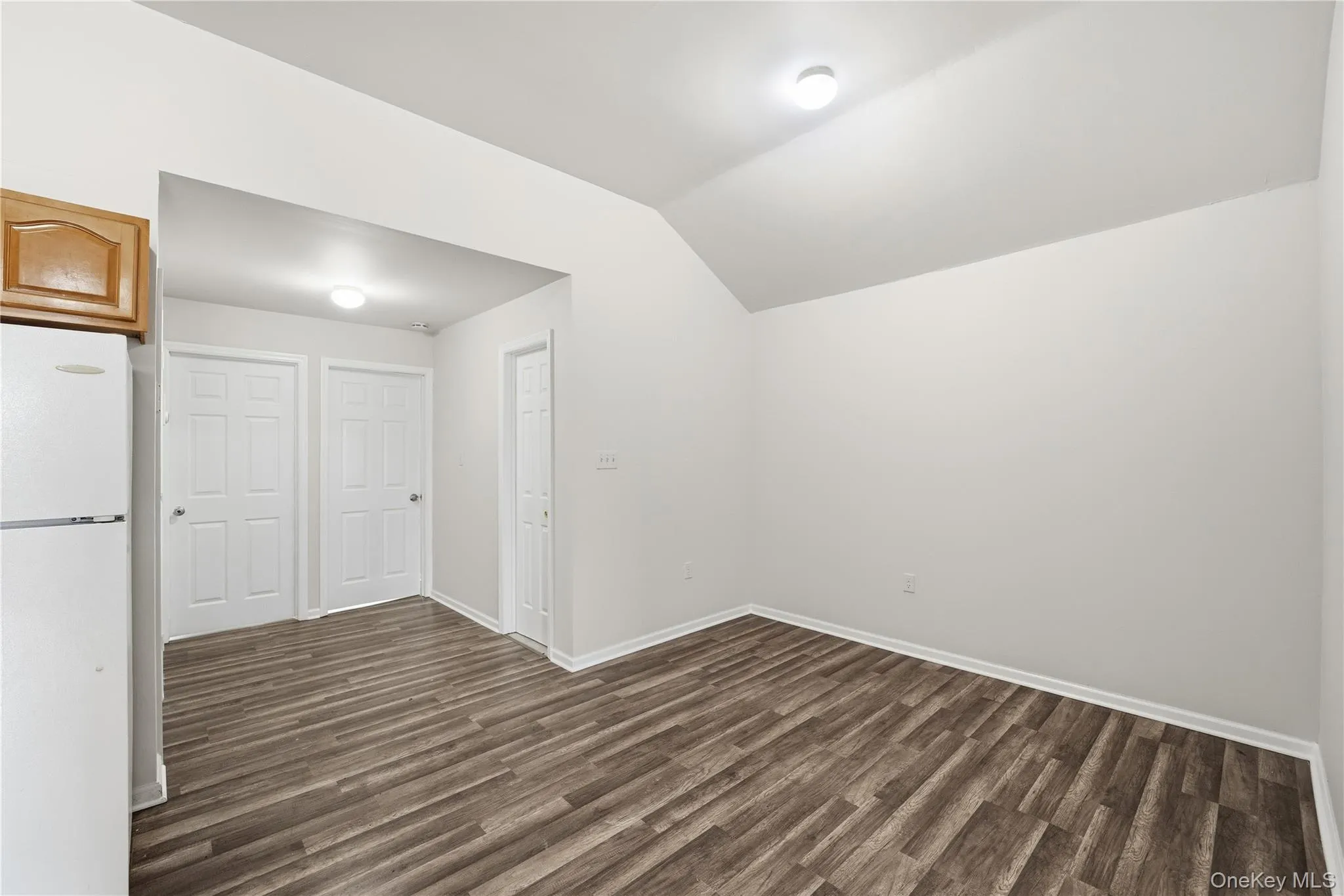 Additional living space featuring lofted ceiling and dark wood finished floors Additional living space featuring lofted ceiling and dark wood finished floors