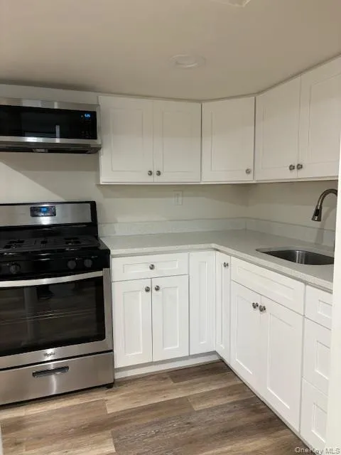 Kitchen with appliances with stainless steel finishes, white cabinets, light wood-style flooring, and light stone counters Kitchen with appliances with stainless steel finishes, white cabinets, light wood-style flooring, and light stone counters