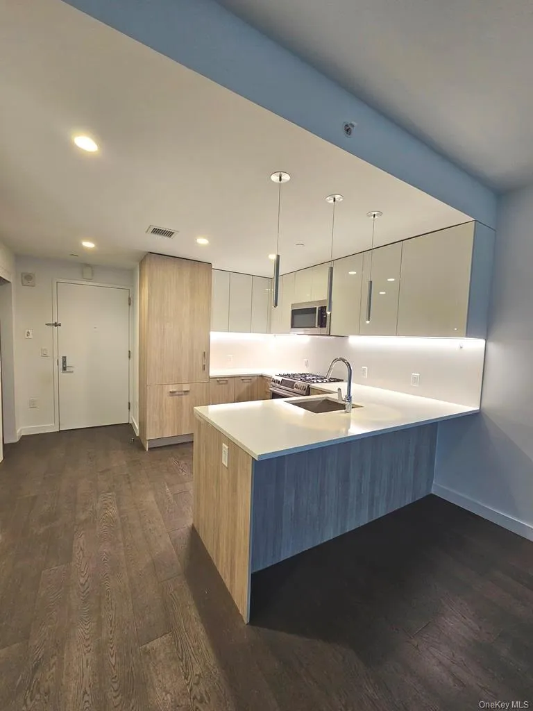 Kitchen featuring modern cabinets, recessed lighting, a peninsula, hanging light fixtures, and dark wood-type flooring Kitchen featuring modern cabinets, recessed lighting, a peninsula, hanging light fixtures, and dark wood-type flooring